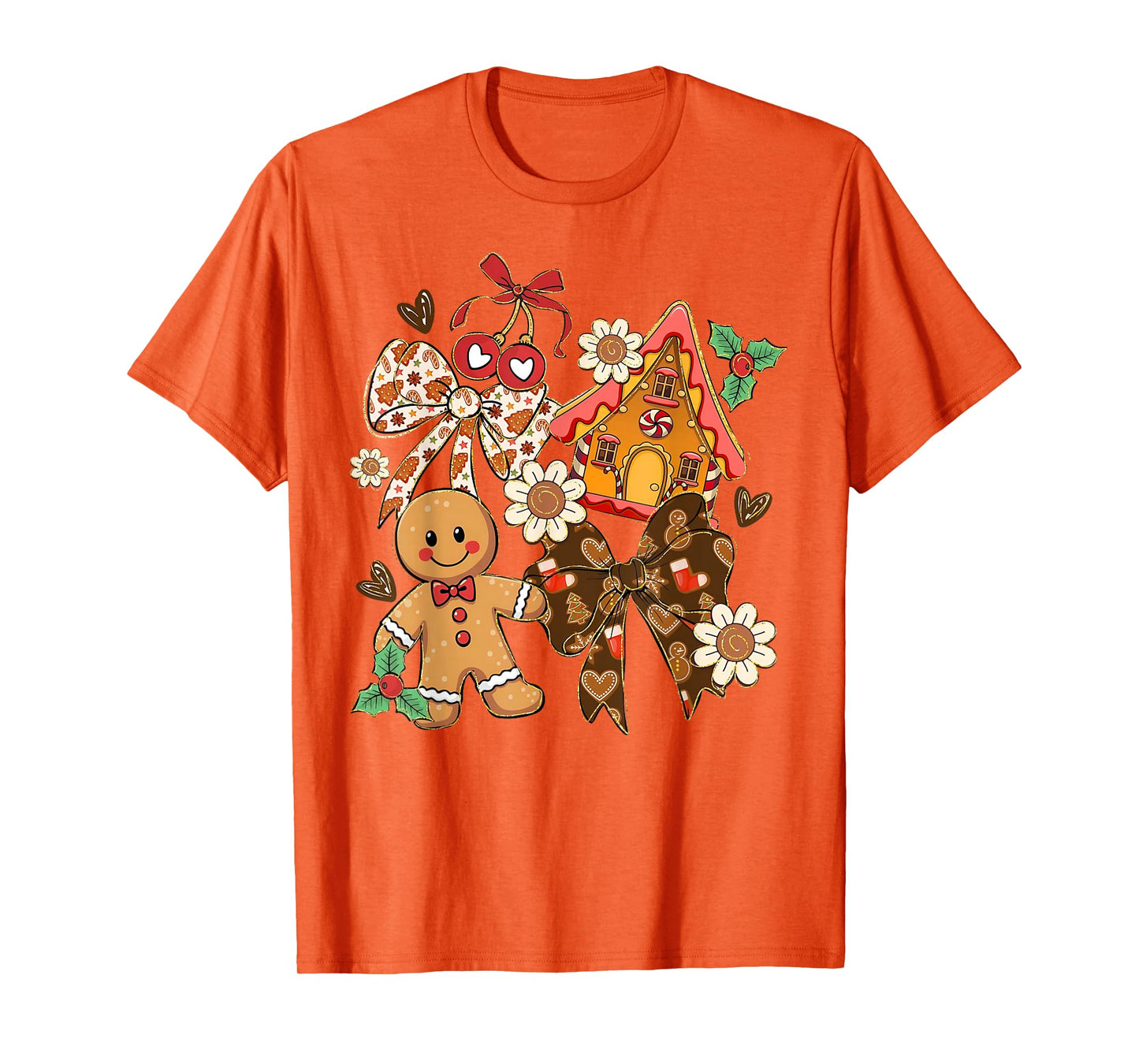 Preppy Christmas Gingerbread Floral Coquette Bow Cute Xmas T-Shirt