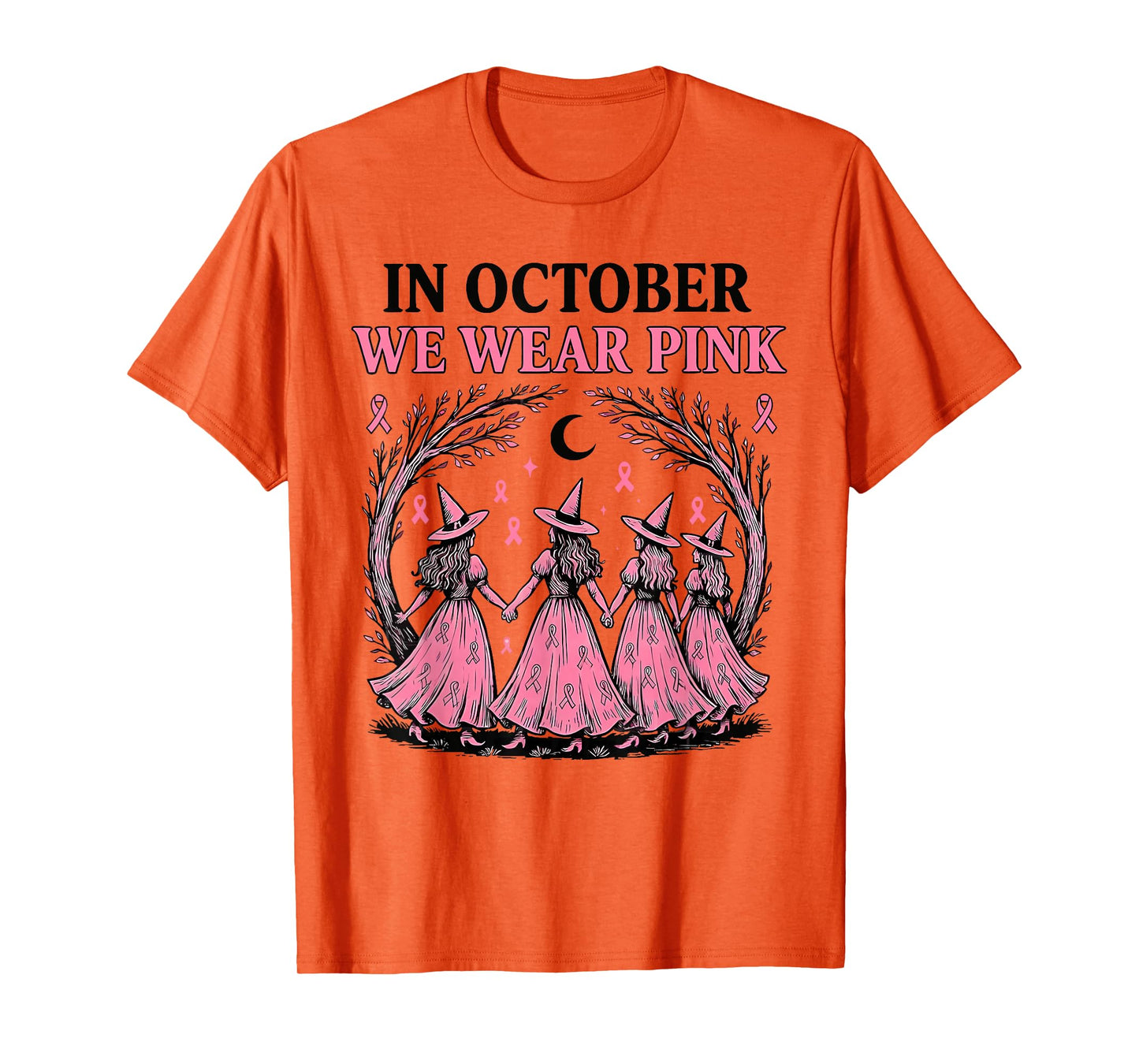 in October We Wear Pink Witch Halloween Breast Cancer T-Shirt