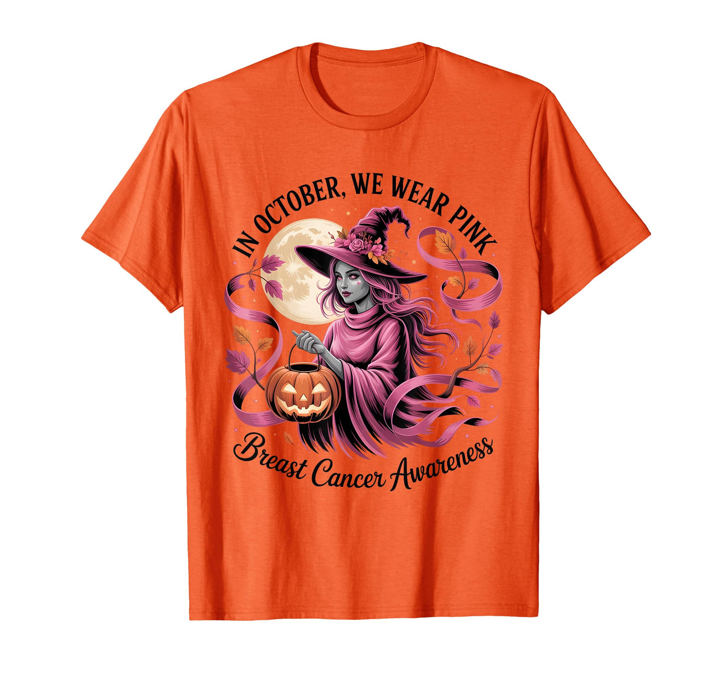 in October We Wear Pink Ribbon Halloween Ghost Witch T-Shirt
