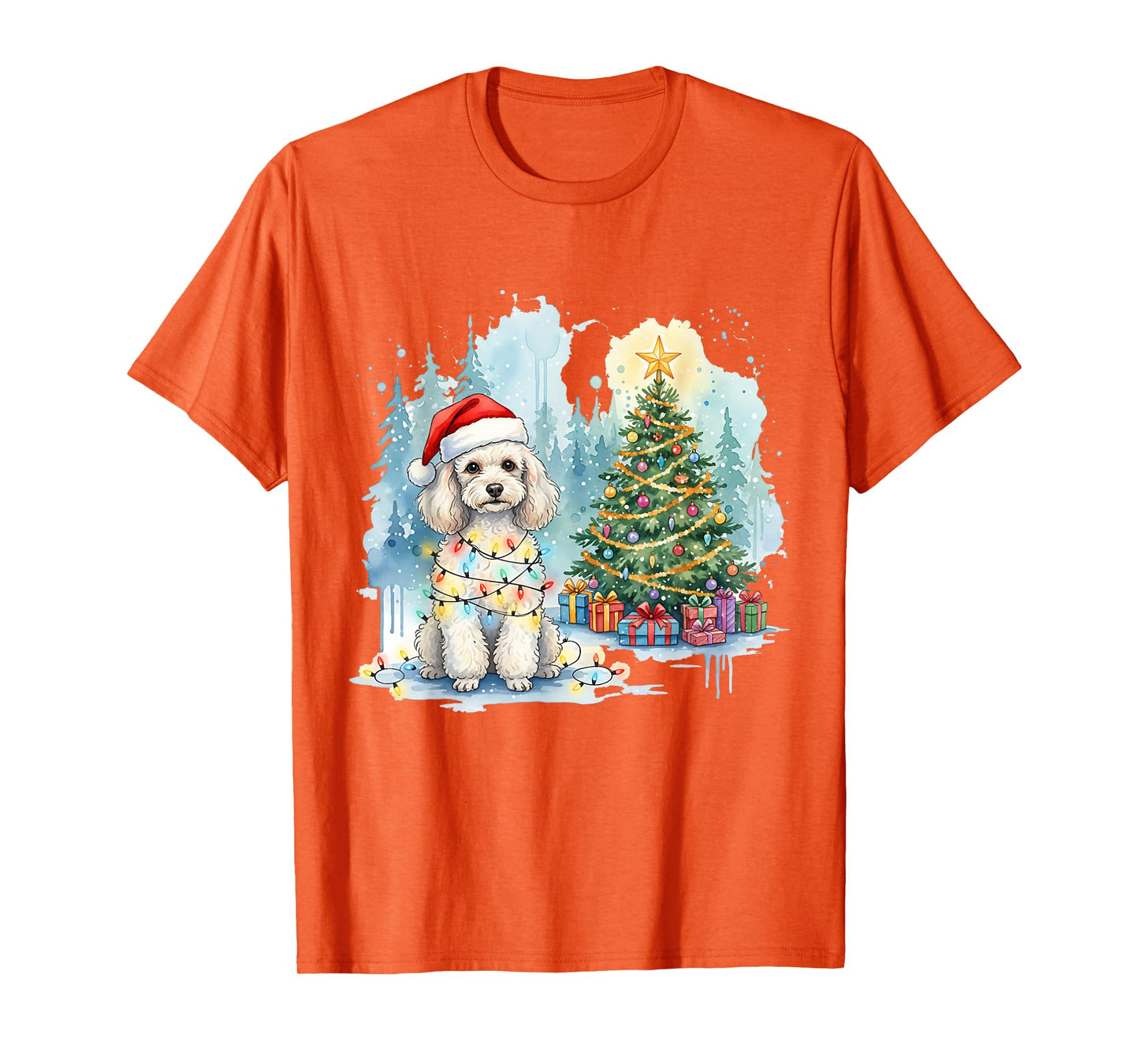 Festive Fluffy Poodle Christmas Santa Hat and Lights Winter T-Shirt