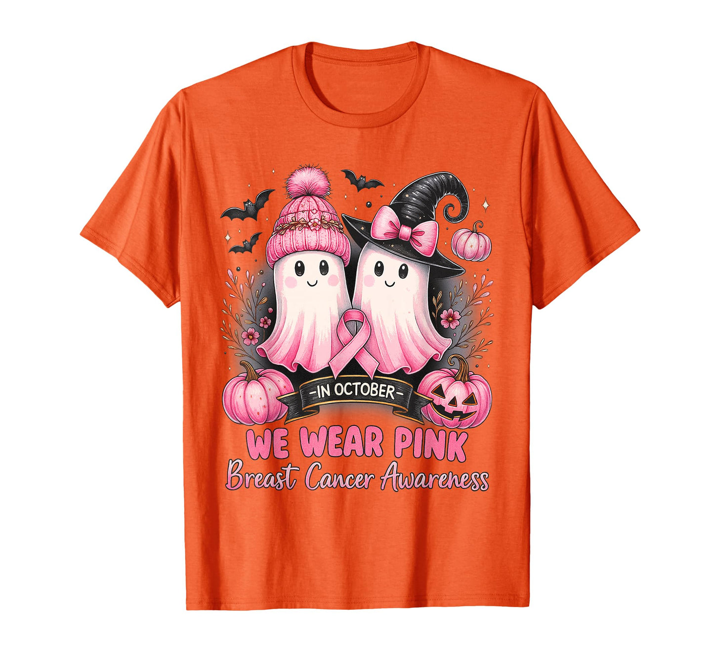 in October We Wear Pink Ghost Witch Breast Cancer Awareness T-Shirt