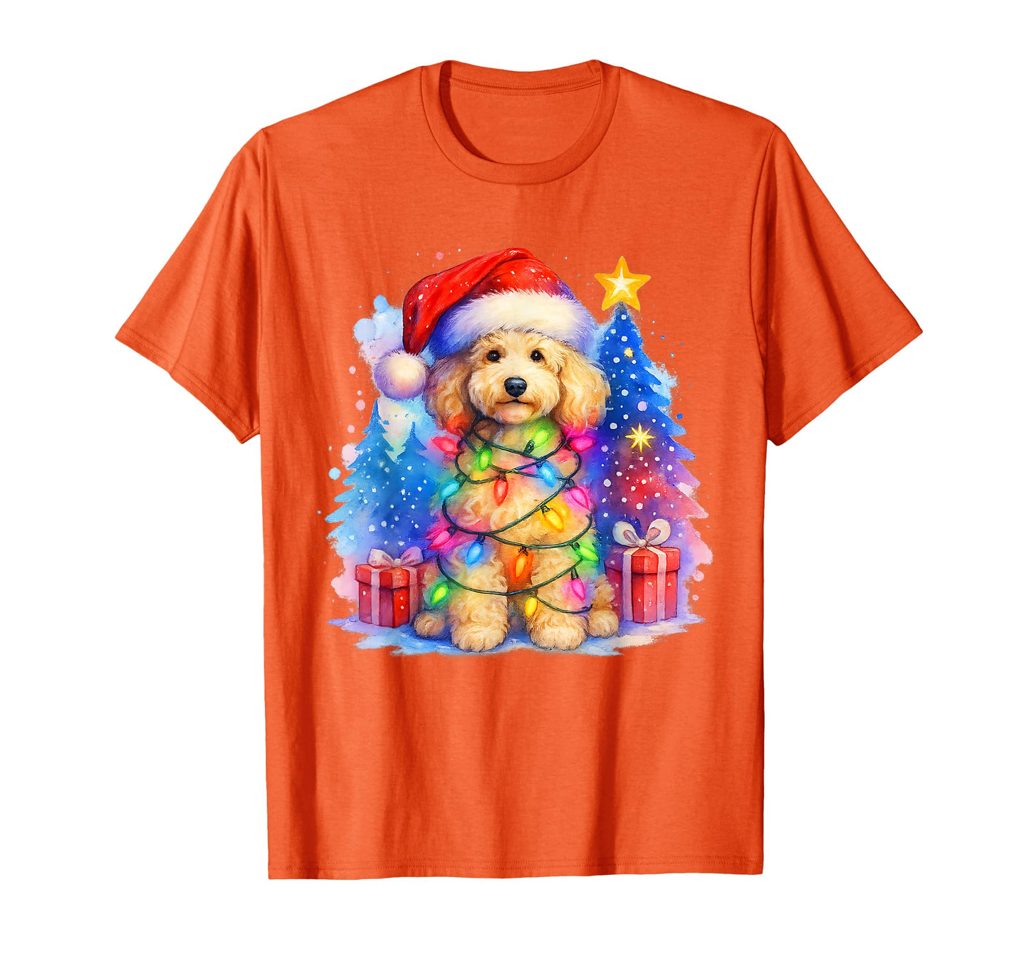 Festive Fluffy Poodle Christmas Santa Hat and Lights Winter T-Shirt