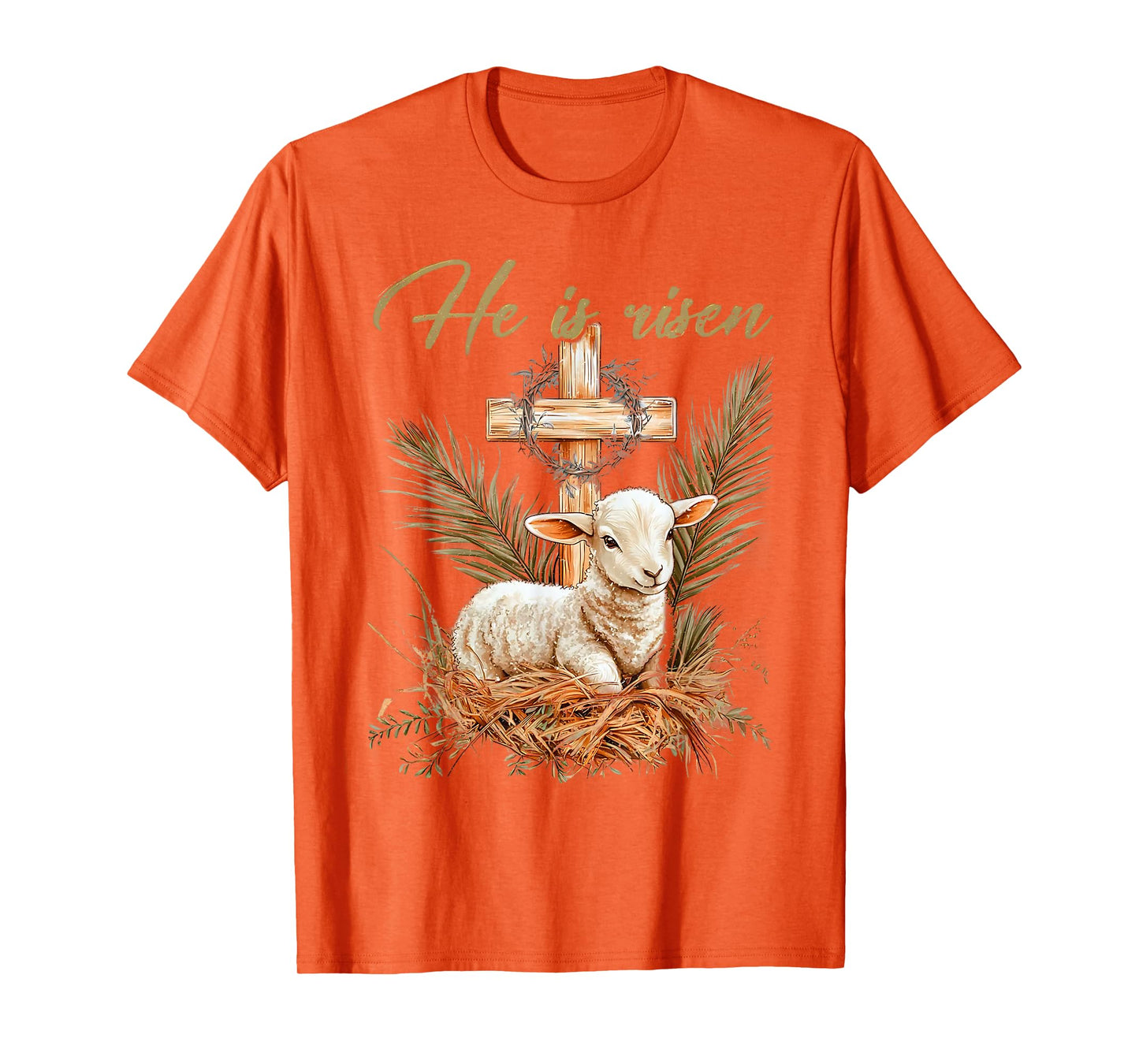 He Is Risen Sheep Lamb Cross Jesus Christian Easter Women T-Shirt