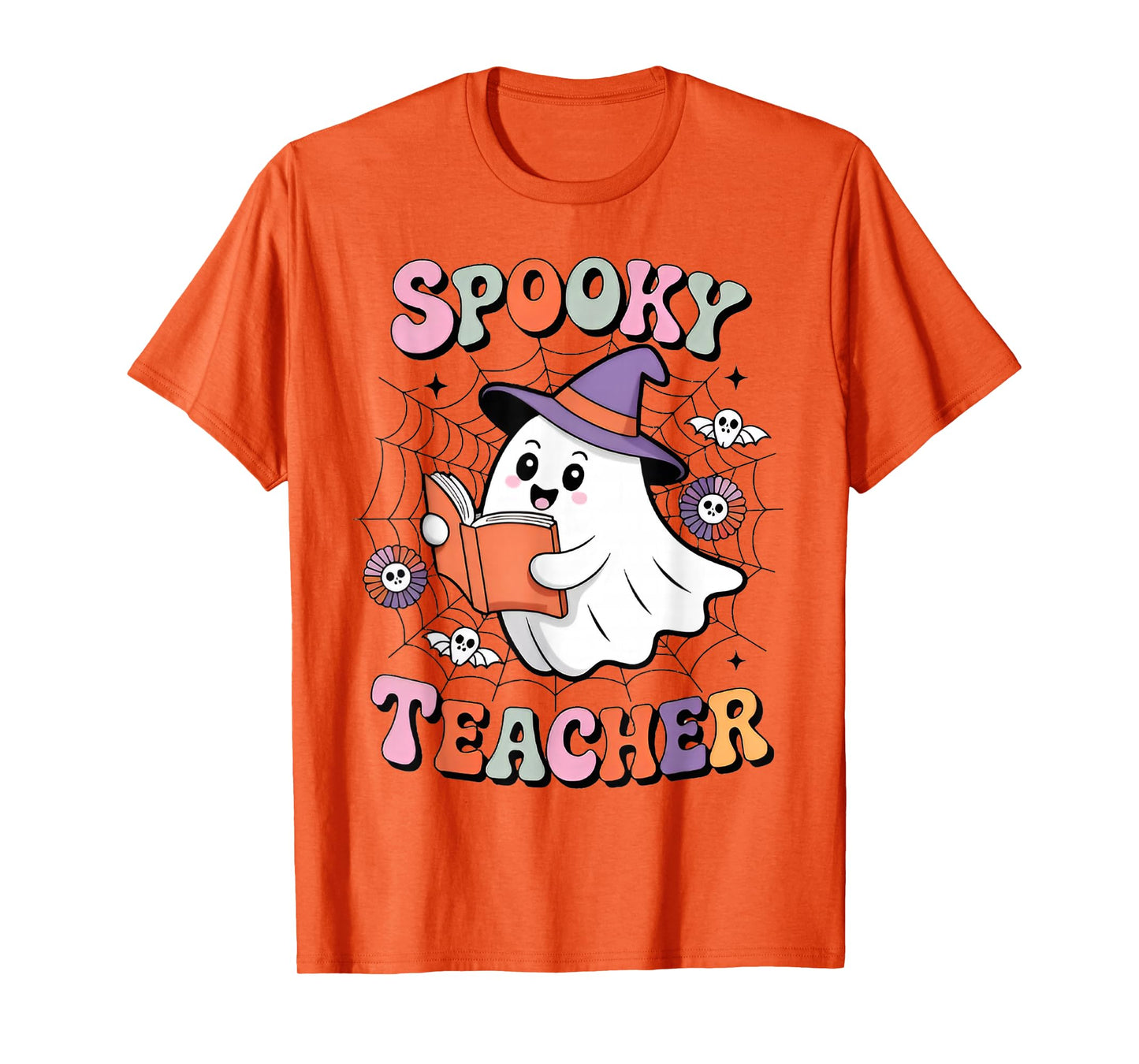 Groovy Spooky Season Teacher Halloween Retro Floral Ghost T-Shirt