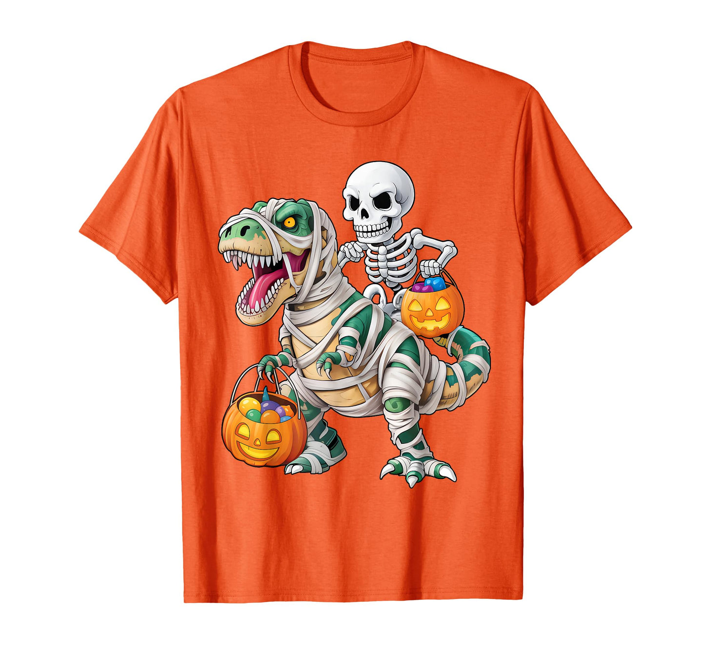 Skeleton Riding Mummy Dino Pumpkin Candy Halloween Costume T-Shirt