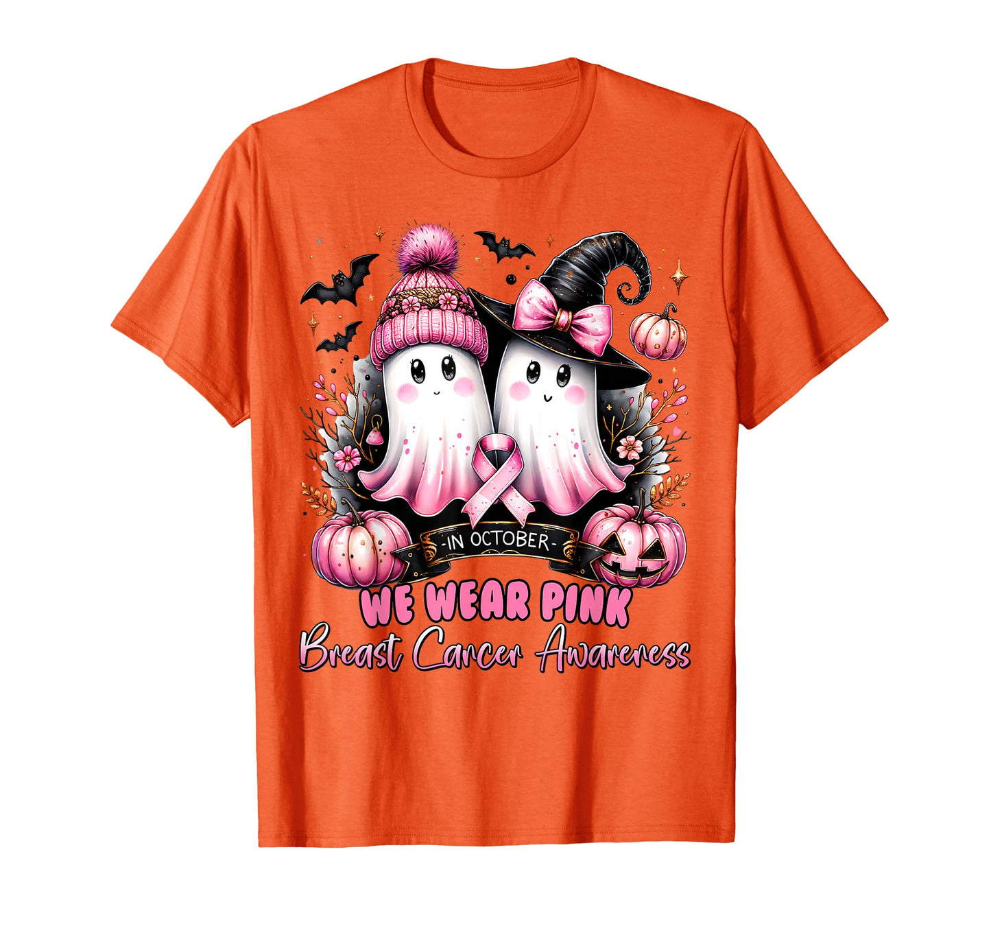 In October We Wear Pink Ghost Witch Breast Cancer Awareness T-Shirt