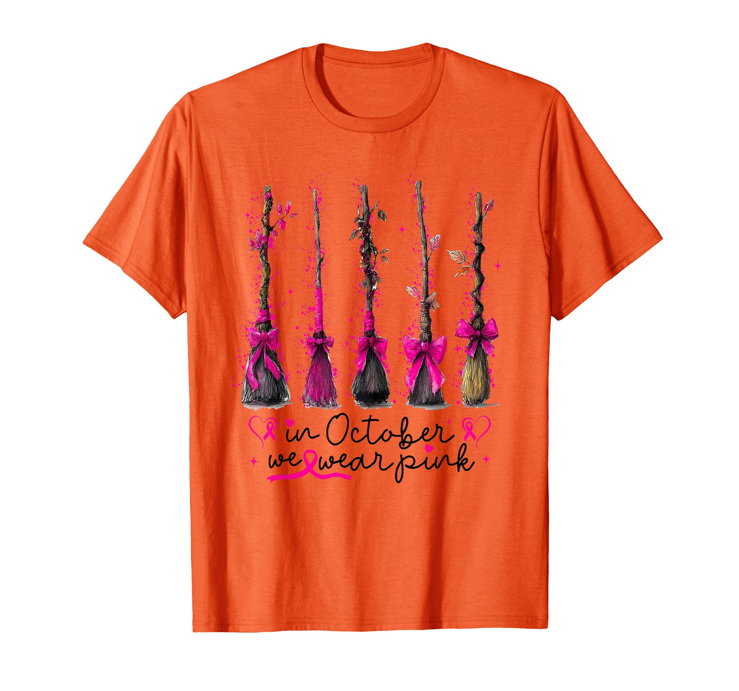 in October We Wear Pink Witches Brooms Spooky Breast Cancer T-Shirt