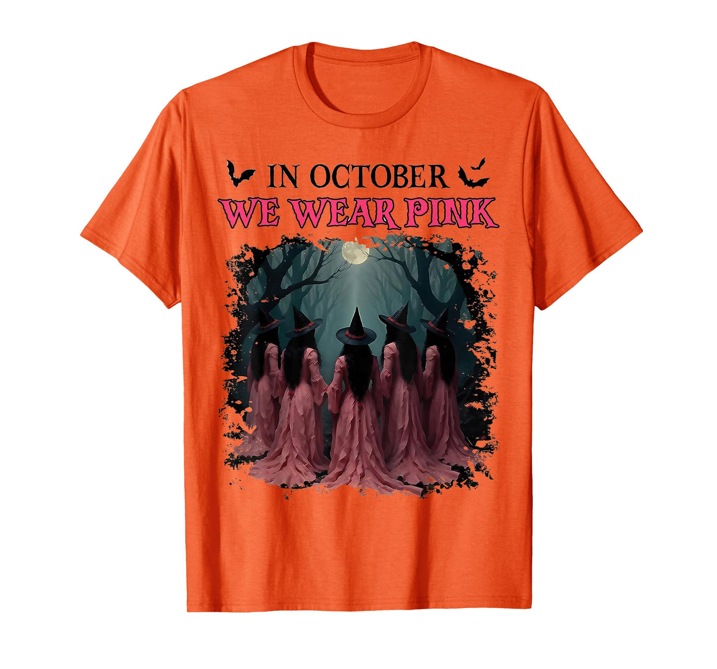 in October We Wear Pink Womens Ghost Witch Breast Cancer T-Shirt