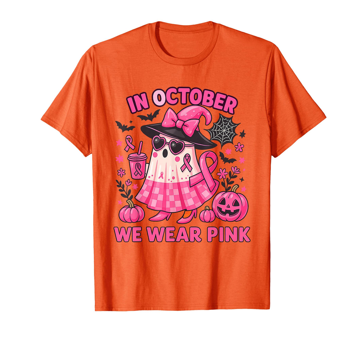 in October We Wear Pink Ghost Witch Breast Cancer Awareness T-Shirt