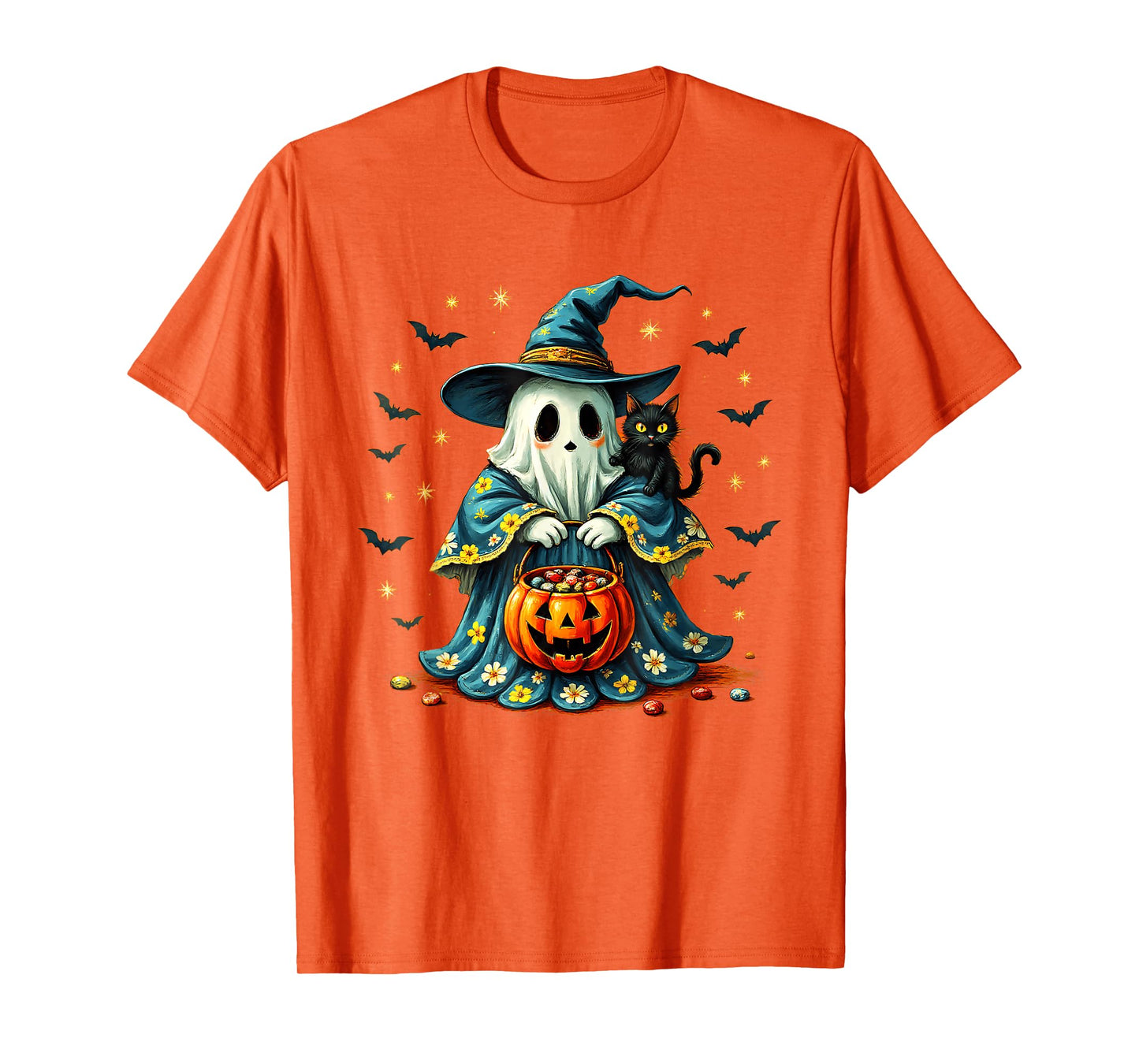 Vintage Halloween Ghost Holding Black Cat Groovy Floral T-Shirt
