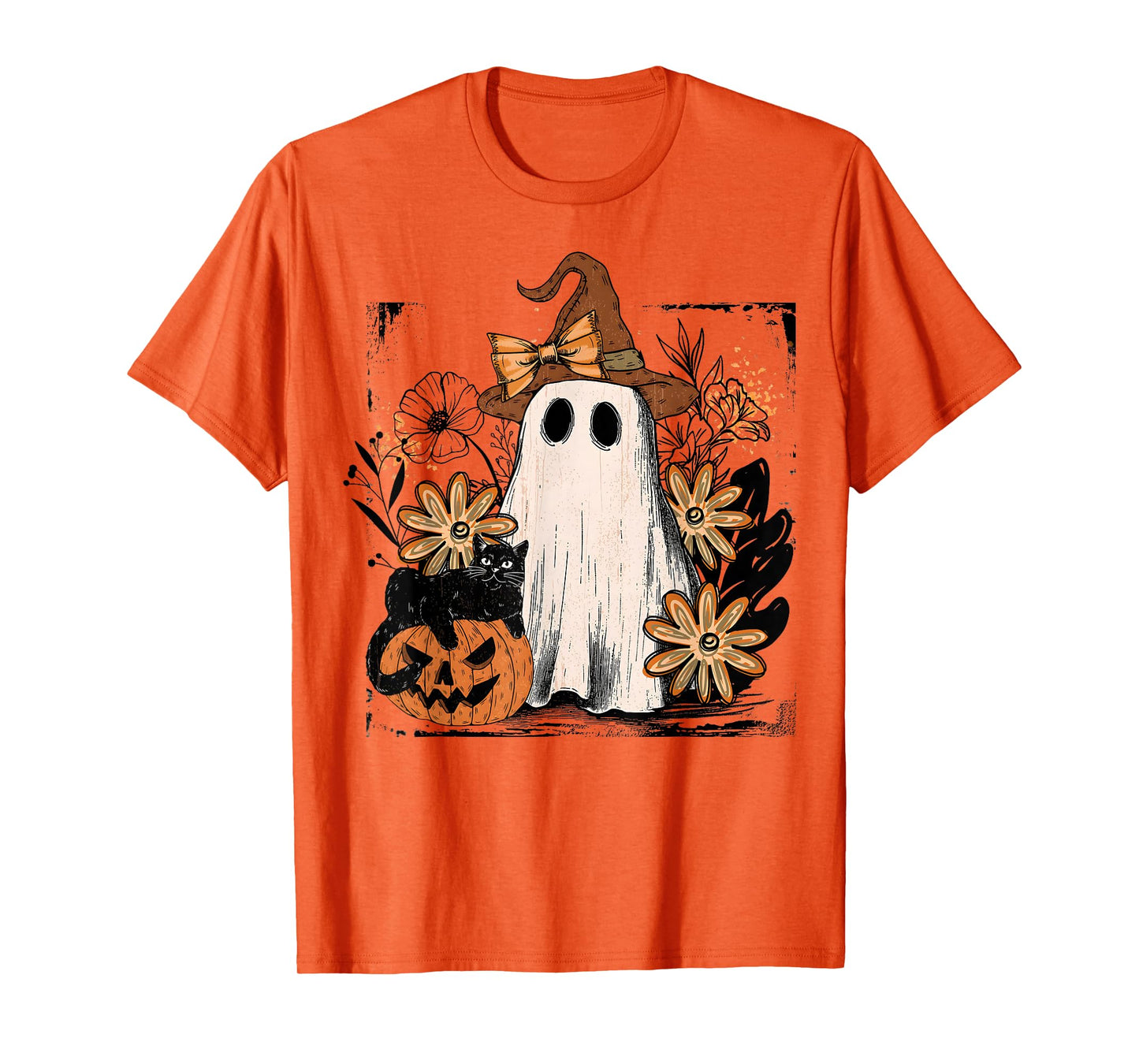 Vintage Spooky Ghost Holding Cat Black Floral Halloween Goth T-Shirt