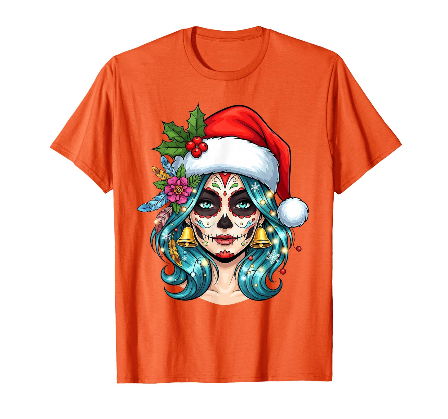 Christmas Sugar Skull Art Woman Santa Hat Festive Design T-Shirt