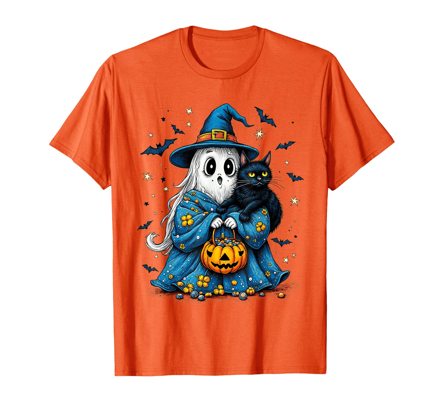 Halloween 2025 Ghost Holding Black Cat Groovy Floral Vintage T-Shirt