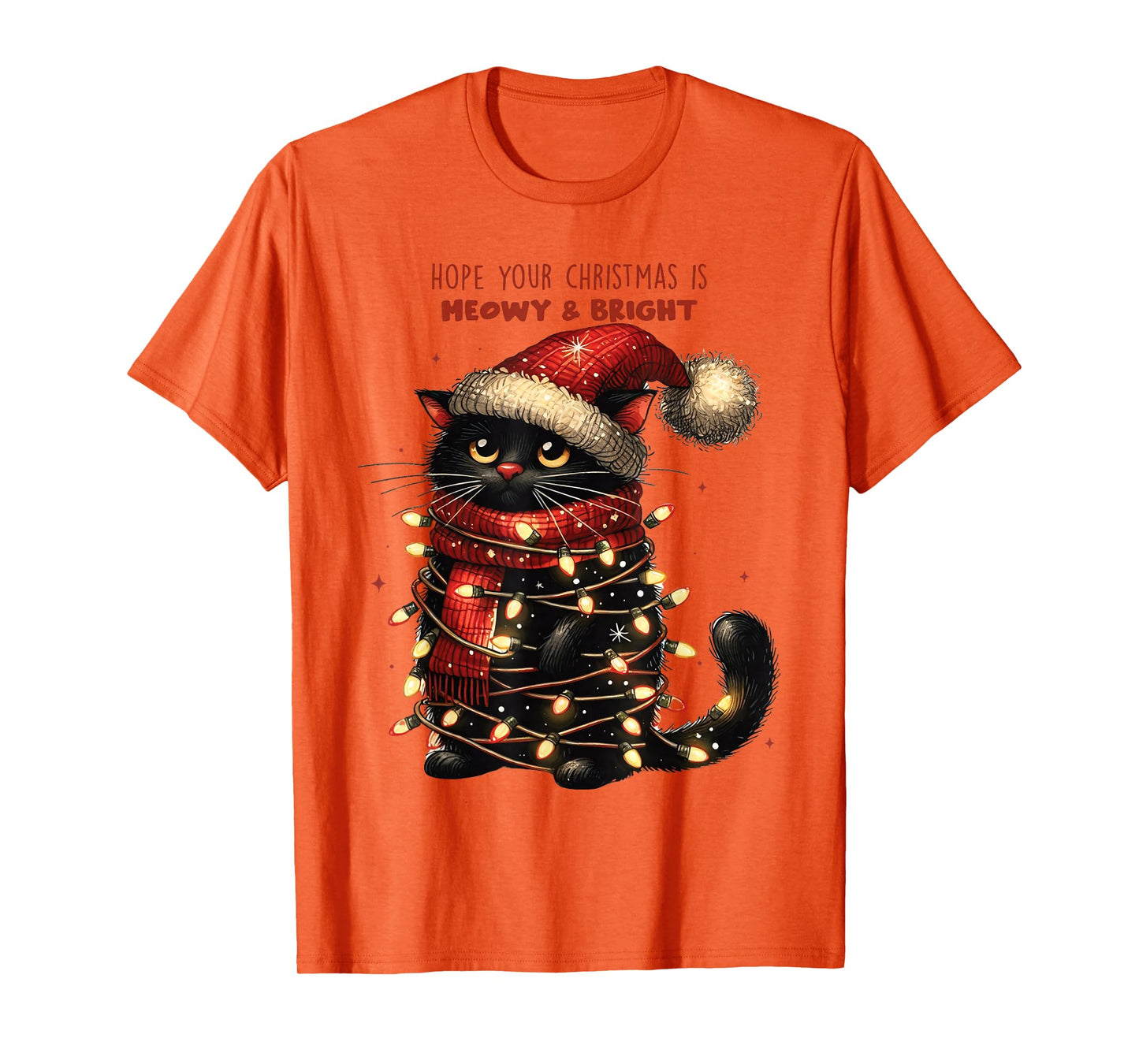 Funny Christmas Cat Shirt Wrapped in Lights Meowy and Bright T-Shirt