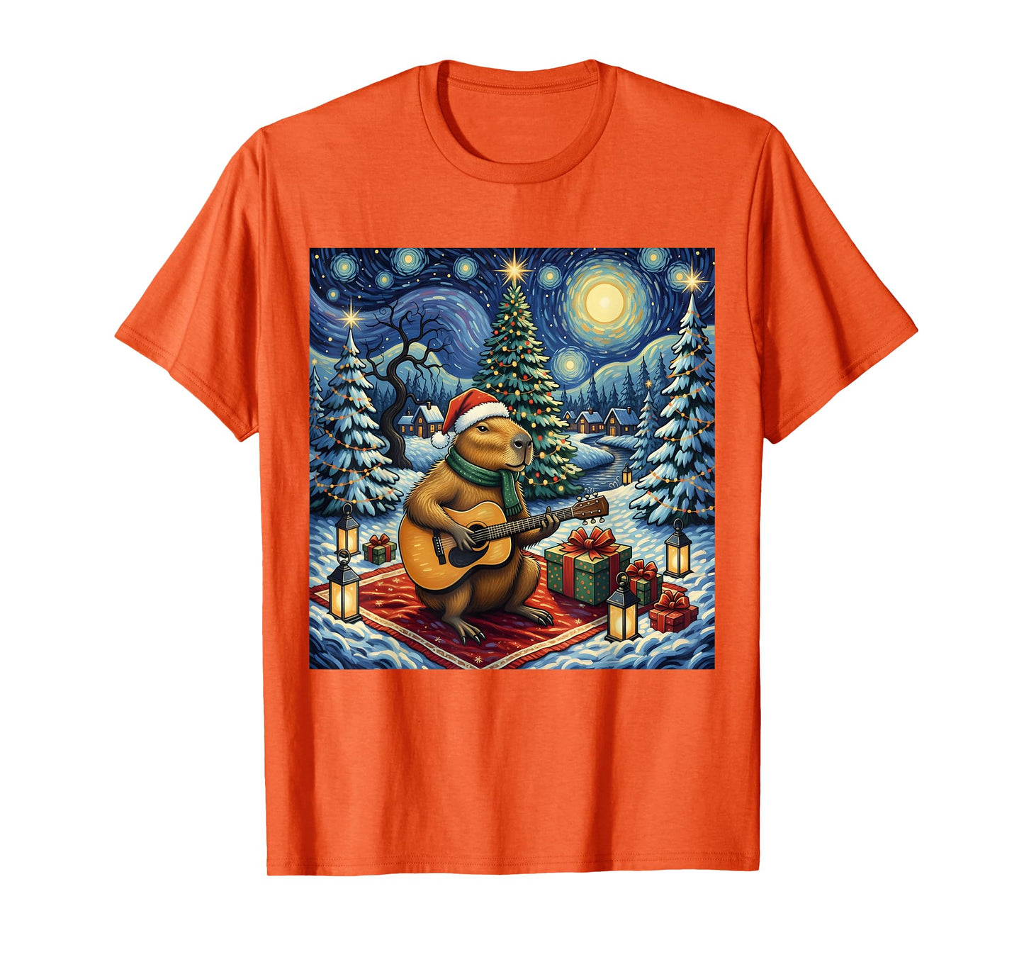 Capybara Playing The Guitar Van Gogh Style Christmas Themed T-Shirt