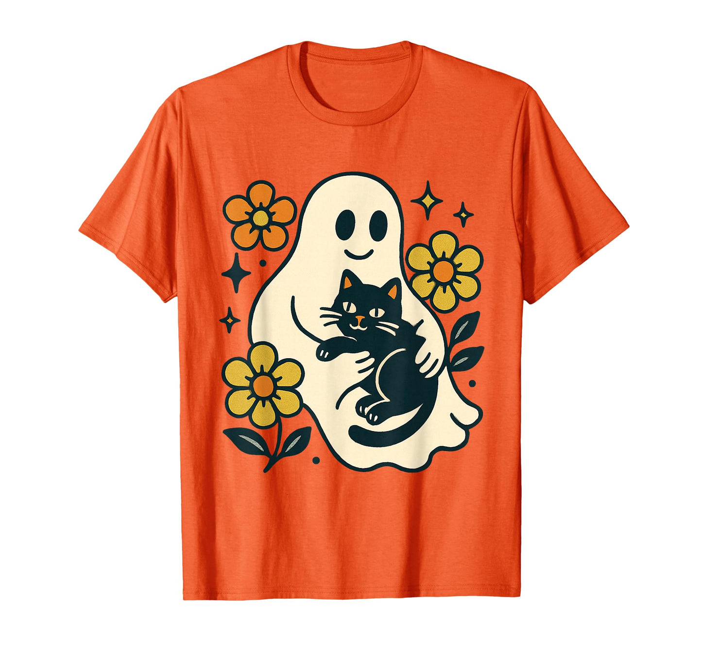 Vintage Halloween Ghost Holding Black Cat Groovy Floral T-Shirt