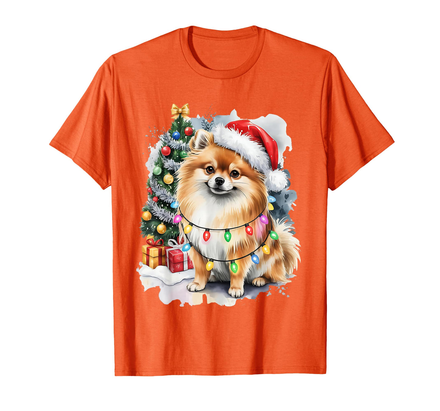 Cute Santa Pomeranian Dog Tangled in Christmas Lights Winter T-Shirt