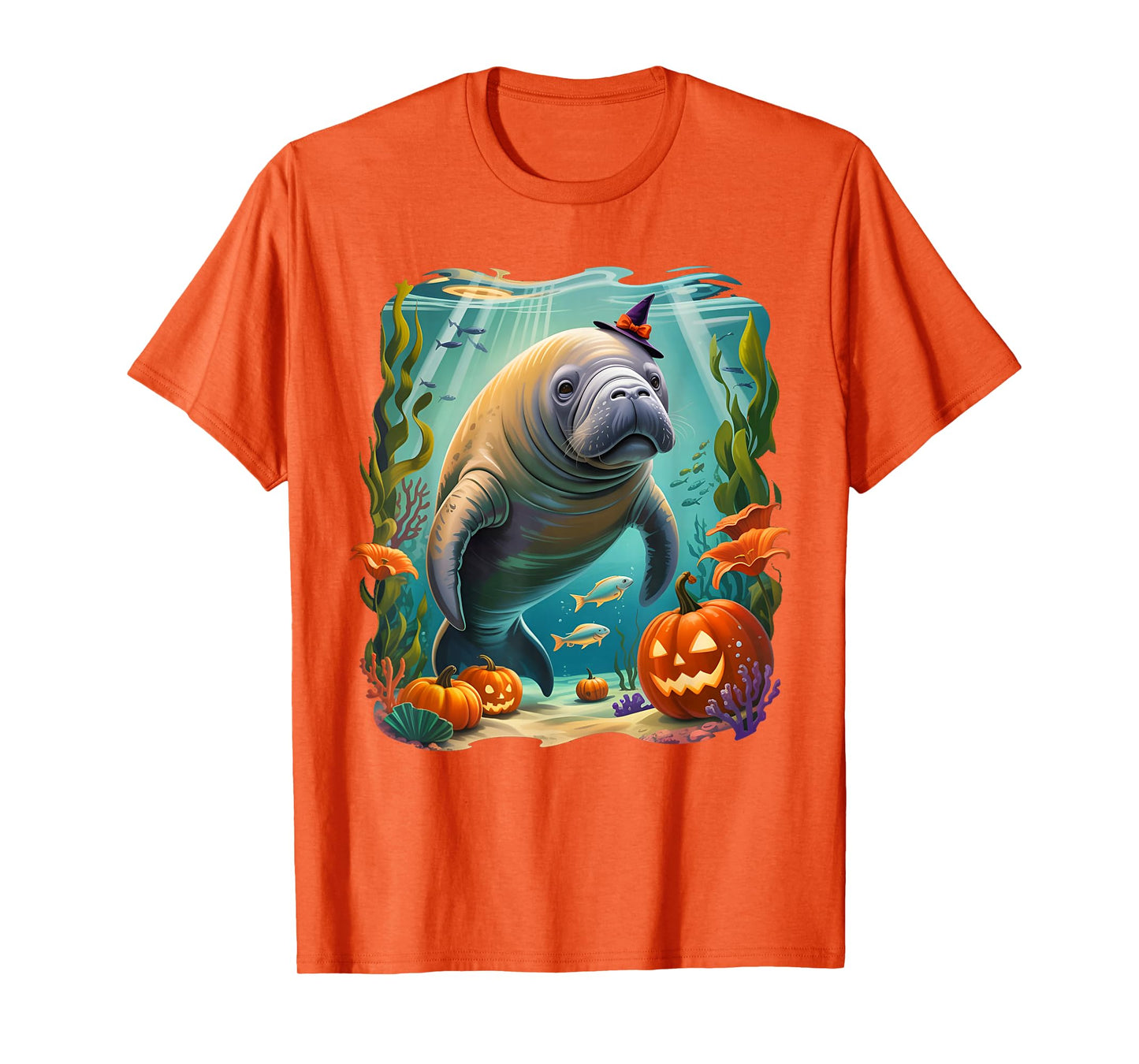Manatee Witch Hat Pumpkin Halloween Dugong Costume Men Women T-Shirt