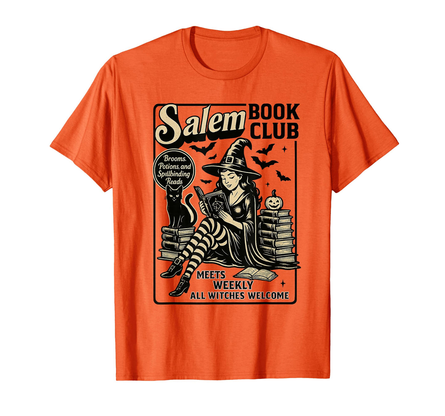 Vintage Salem Book Club Black Cat Bookish Spooky Halloween T-Shirt