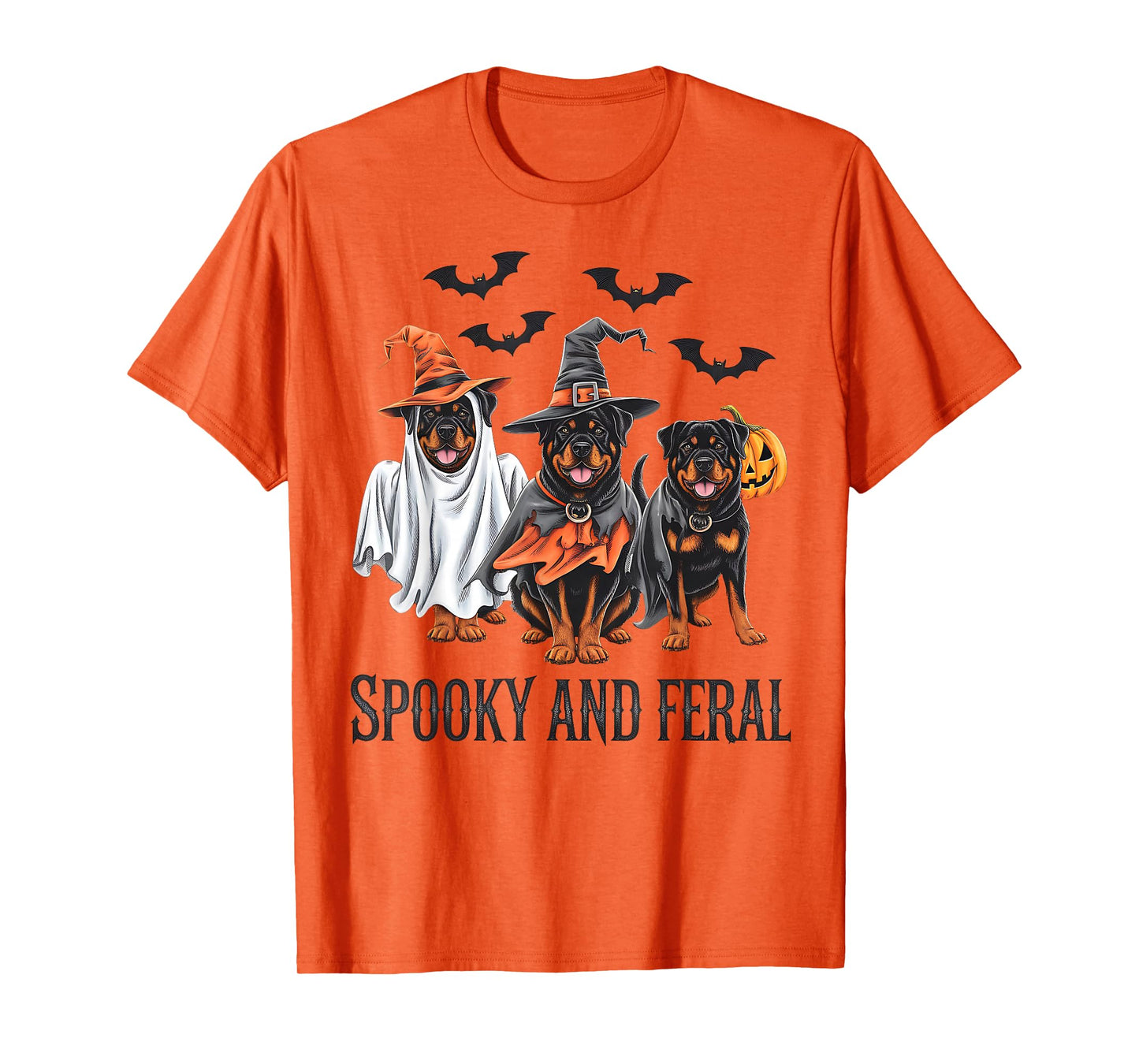 Rottweiler Halloween Spooky and Feral Dog Ghost Pumpkin T-Shirt
