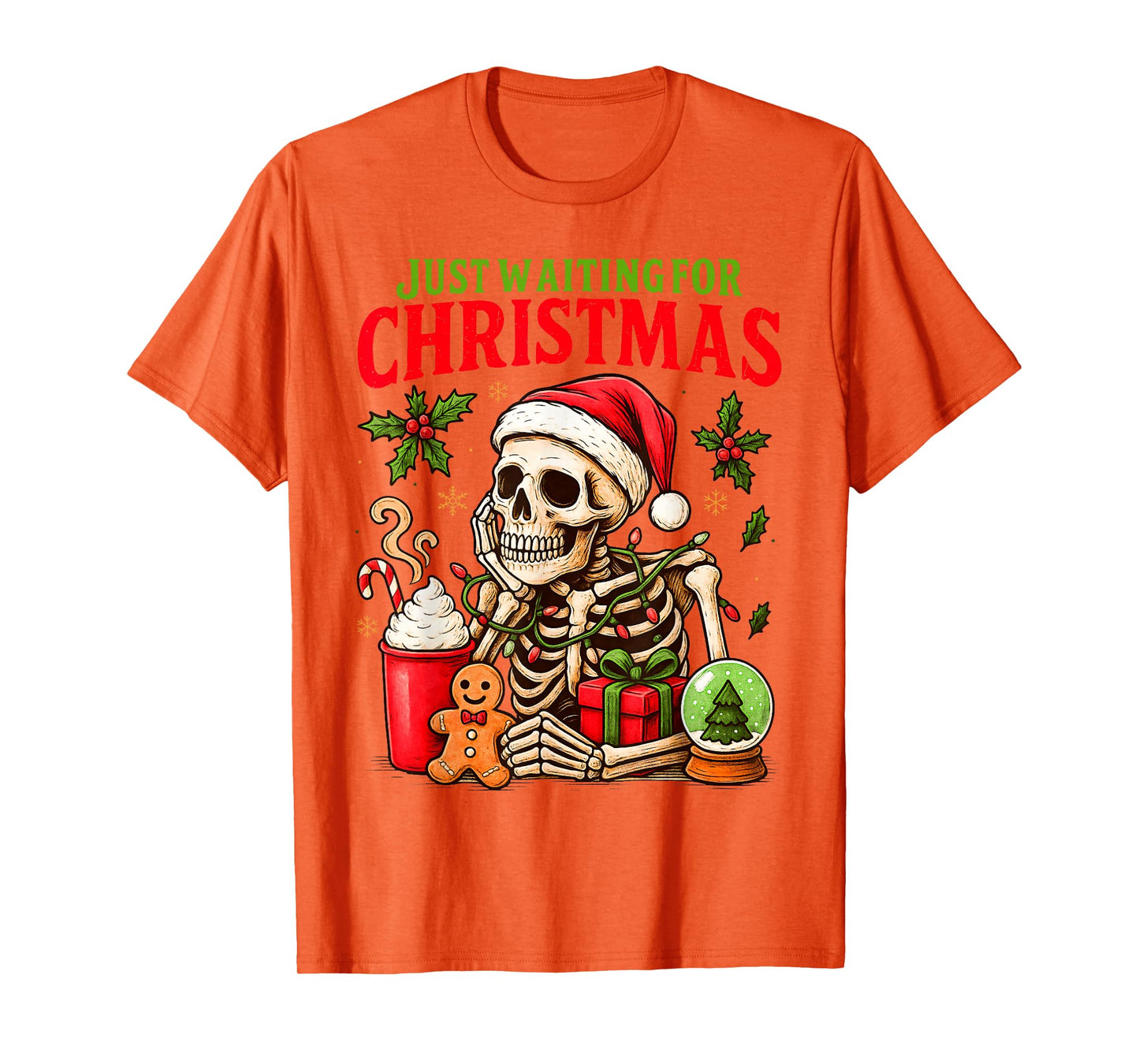 Just Waiting for Christmas Holiday Santa Claus Skeleton T-Shirt