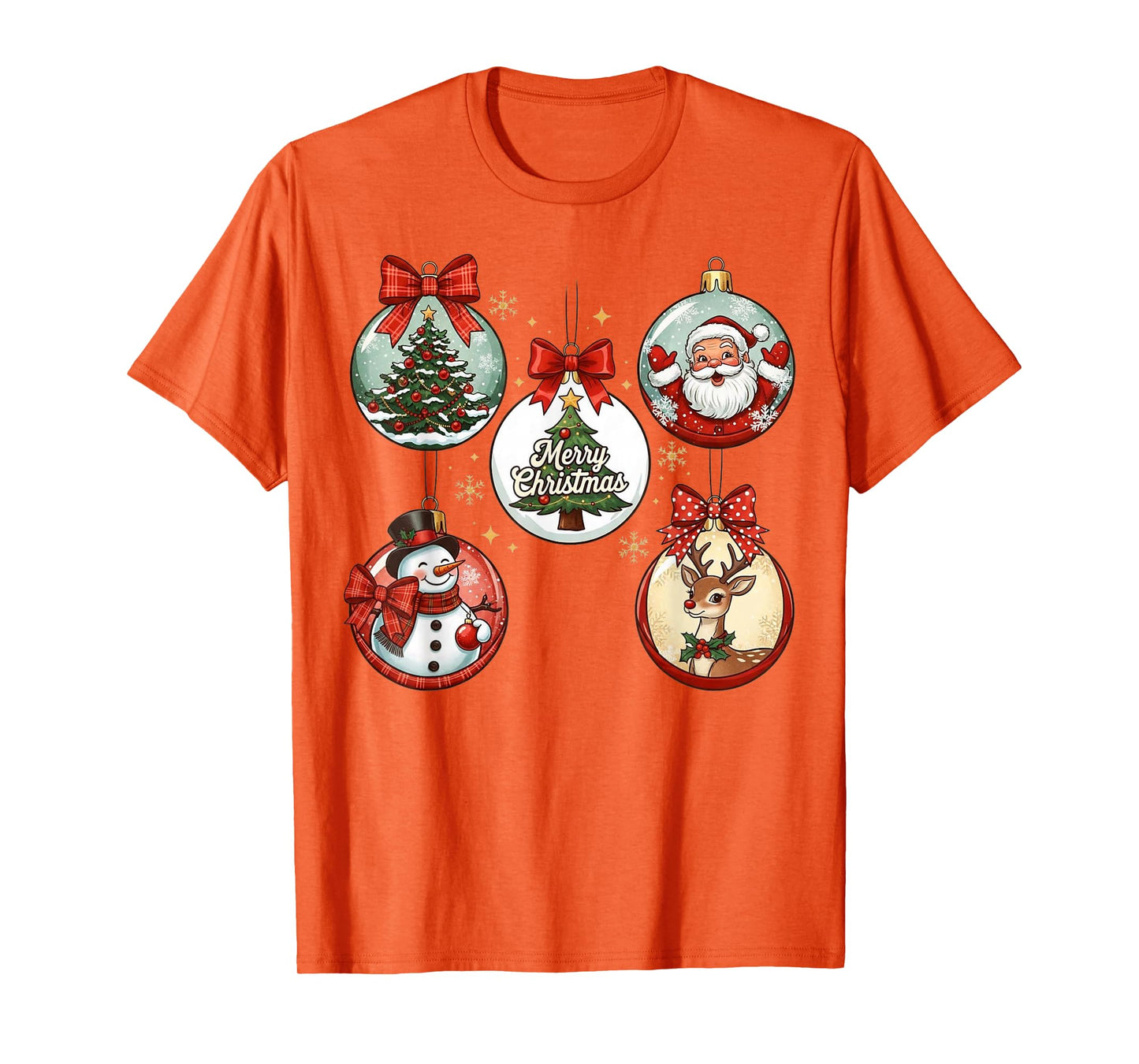 Santa Reindeer Snowman and Tree Merry Christmas Ornament T-Shirt