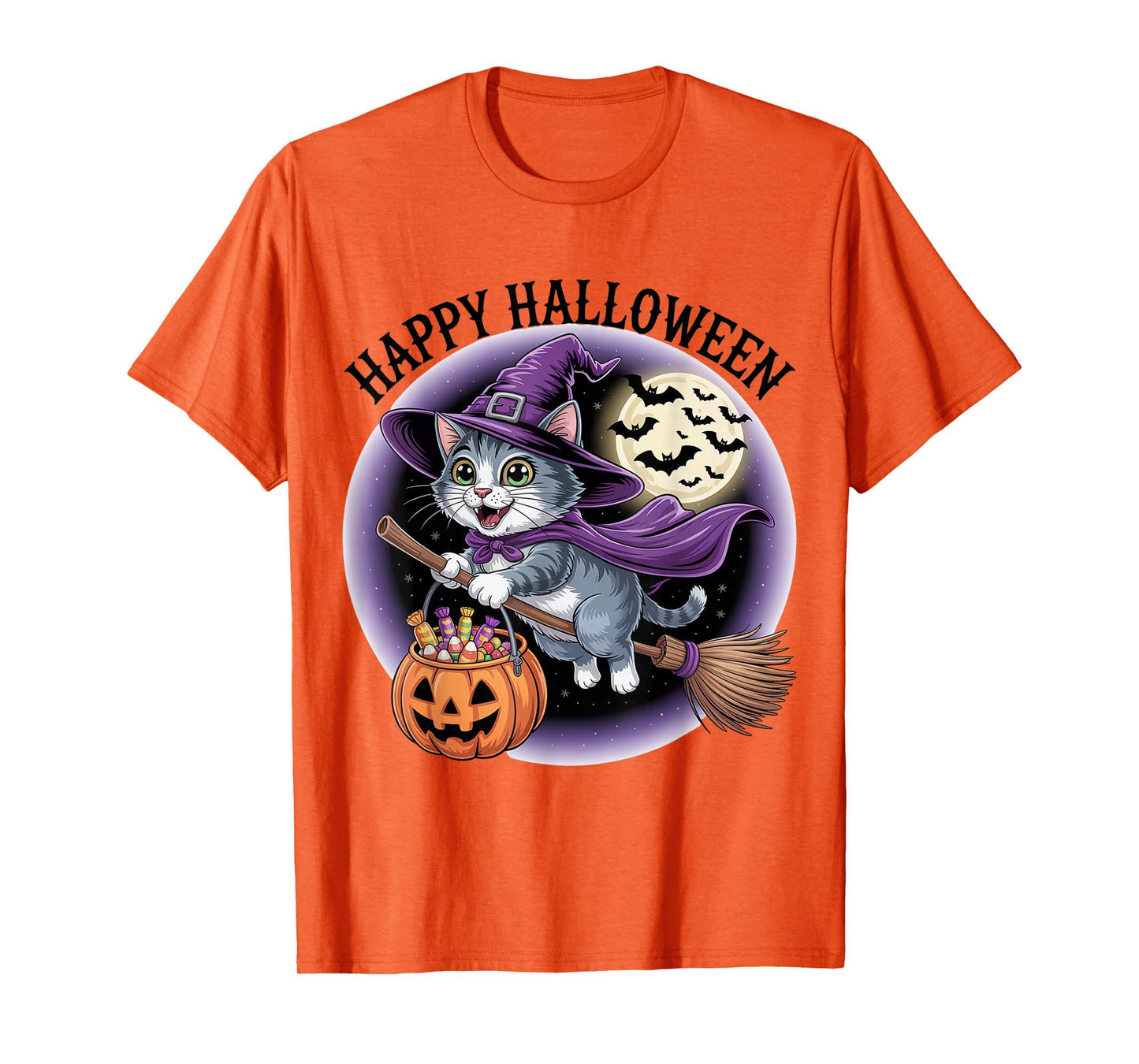 Halloween Witch Cat Flying on Broom with Pumpkin T-Shirt