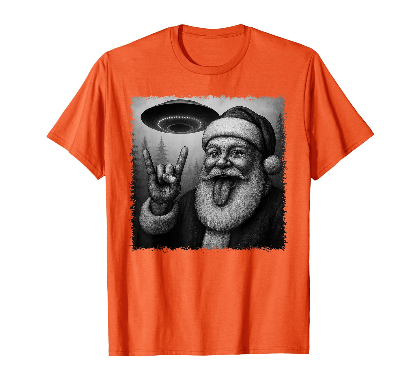 Retro Funny Christmas Santa Rock On Selfie with UFO Alien T-Shirt