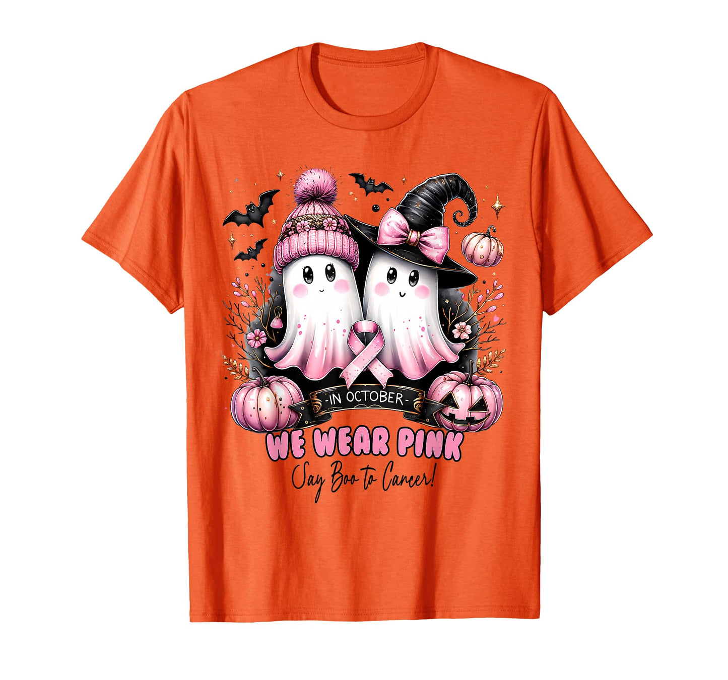 in October We Wear Pink Ghost Witch Breast Cancer Awareness T-Shirt
