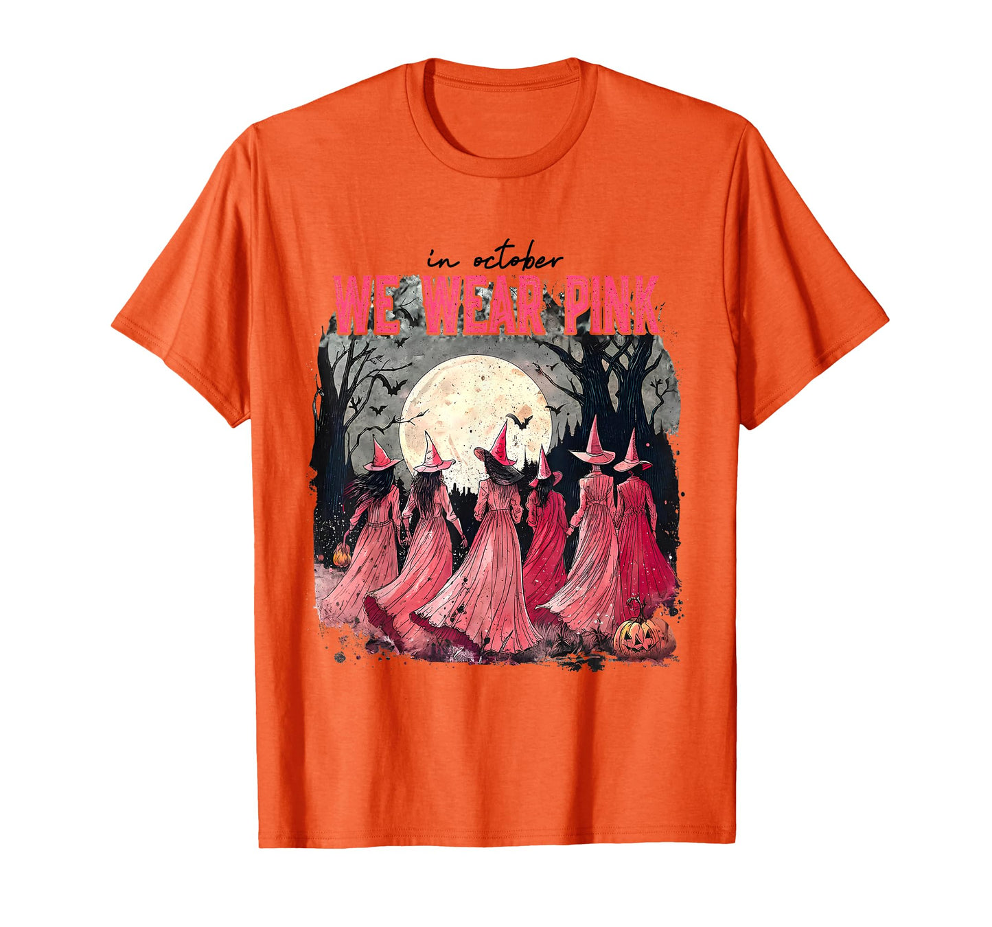 in October We Wear Pink Halloween Salem Witch Breast Cancer T-Shirt