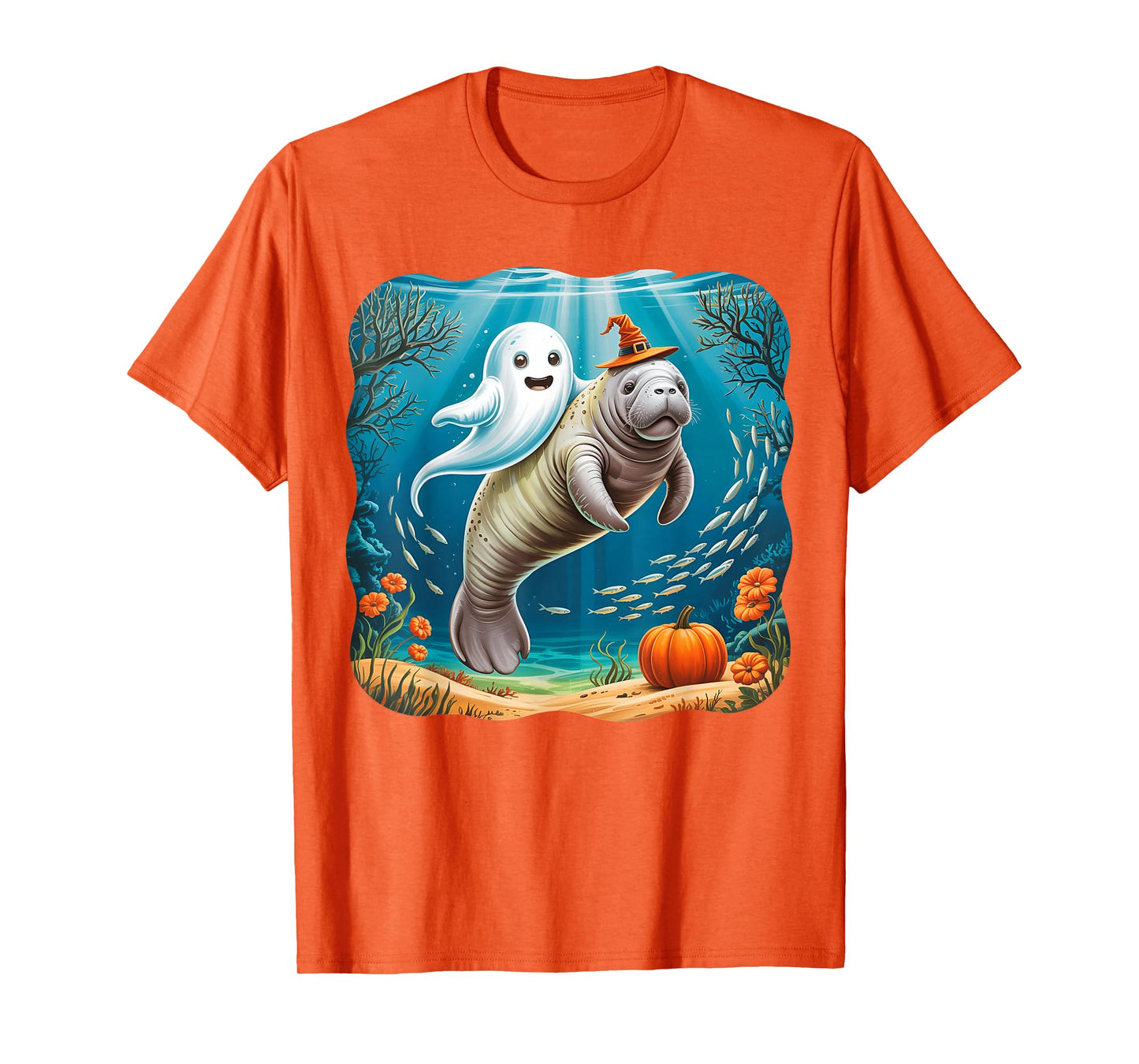 Funny Ghost Manatee Witch Hat Pumpkin Halloween Costume T-Shirt