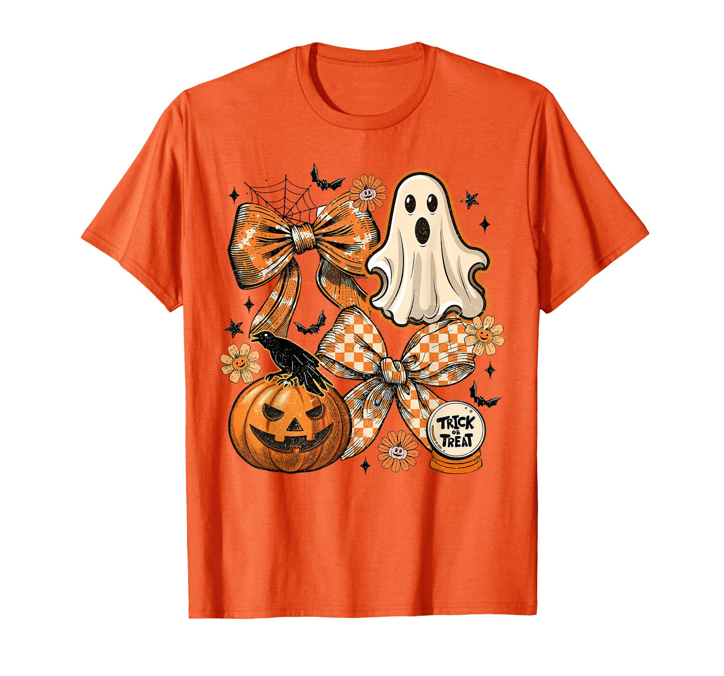 Vintage Halloween Ghost Coquette Bow Checkered Floral T-Shirt