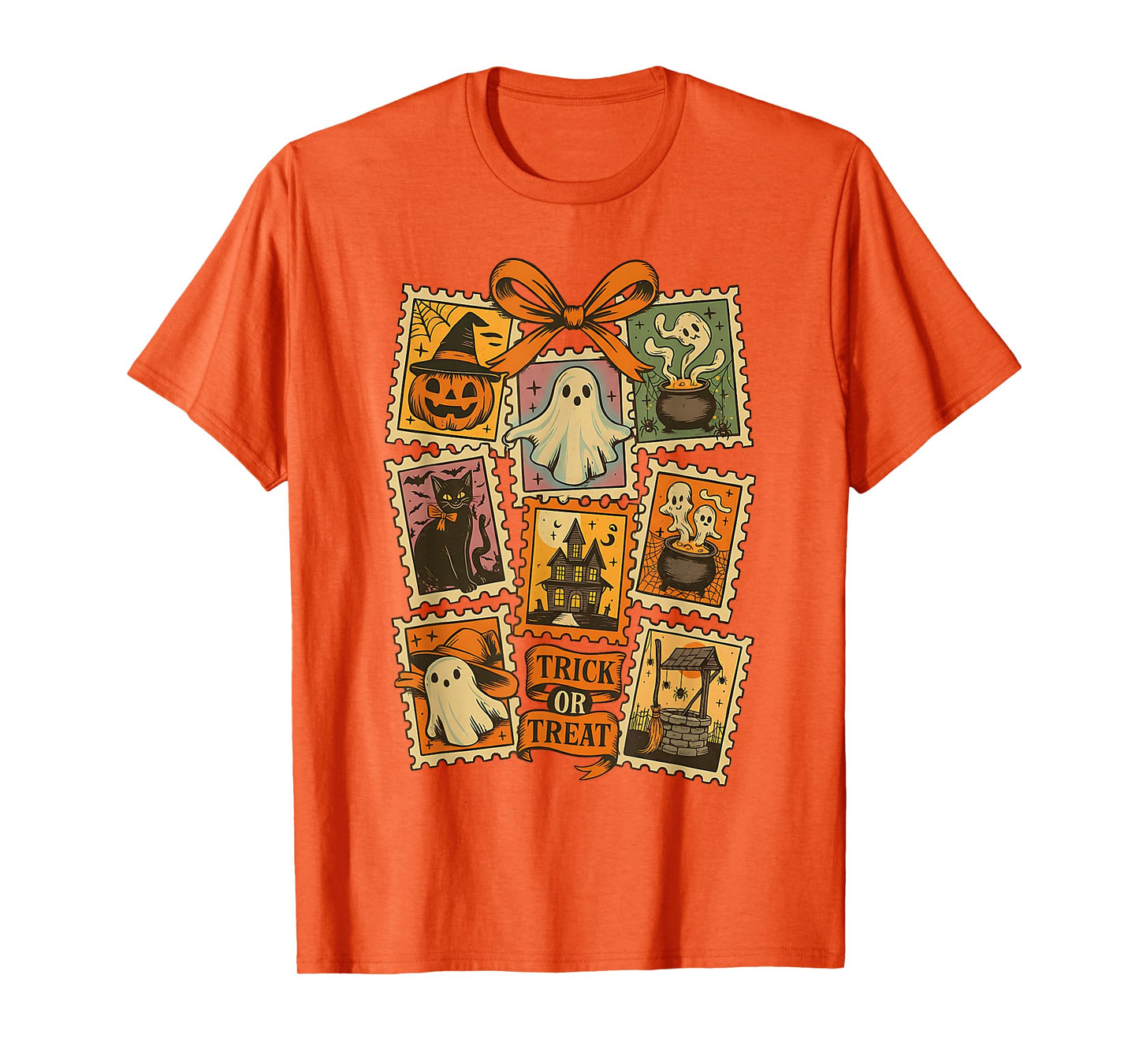 Halloween Stamp Spooky Ghost Boo Pumpkin Coquette Bow Retro T-Shirt