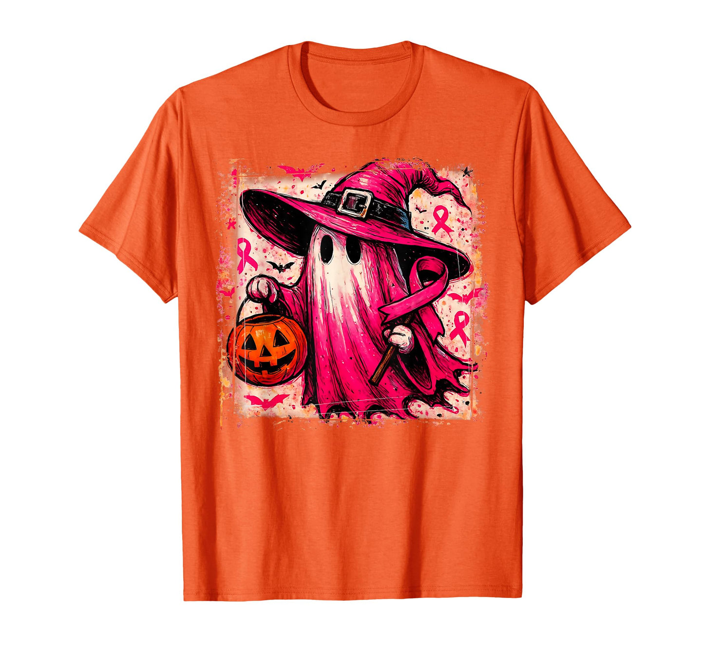 in October We Wear Pink Ghost Witch Breast Cancer Awareness T-Shirt