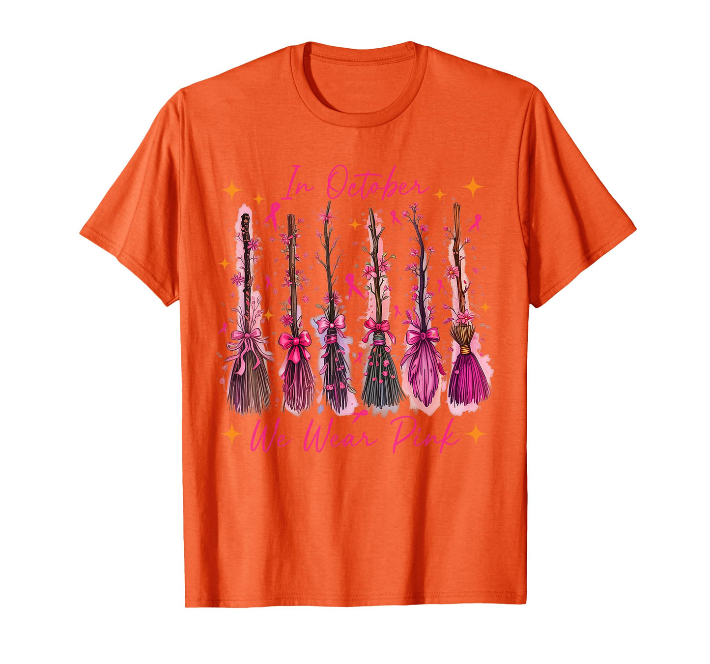 Breast Cancer Halloween in October We Wear Pink Witch Broom T-Shirt
