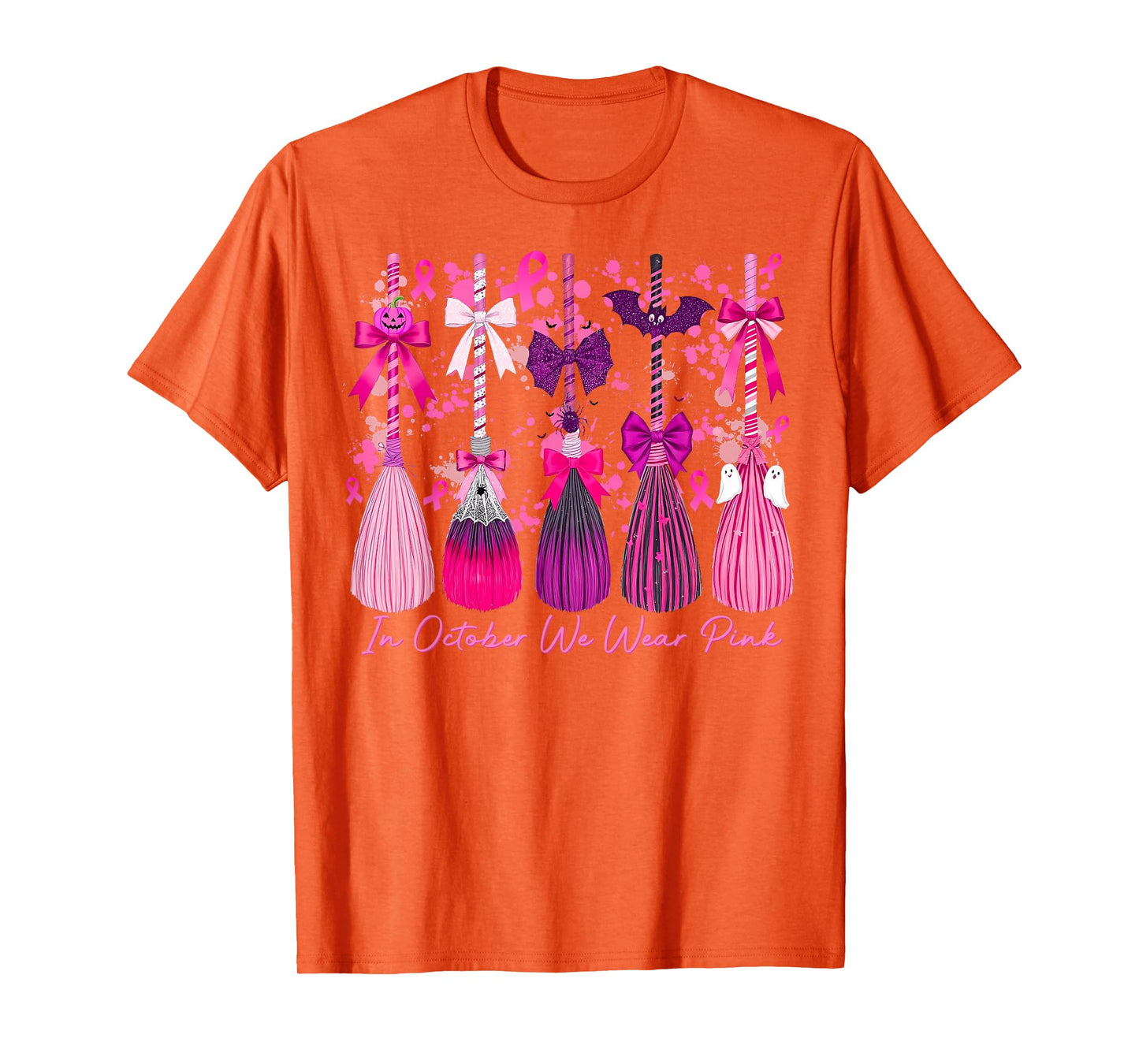 in October We Wear Pink Witch Broom Breast Cancer Halloween T-Shirt