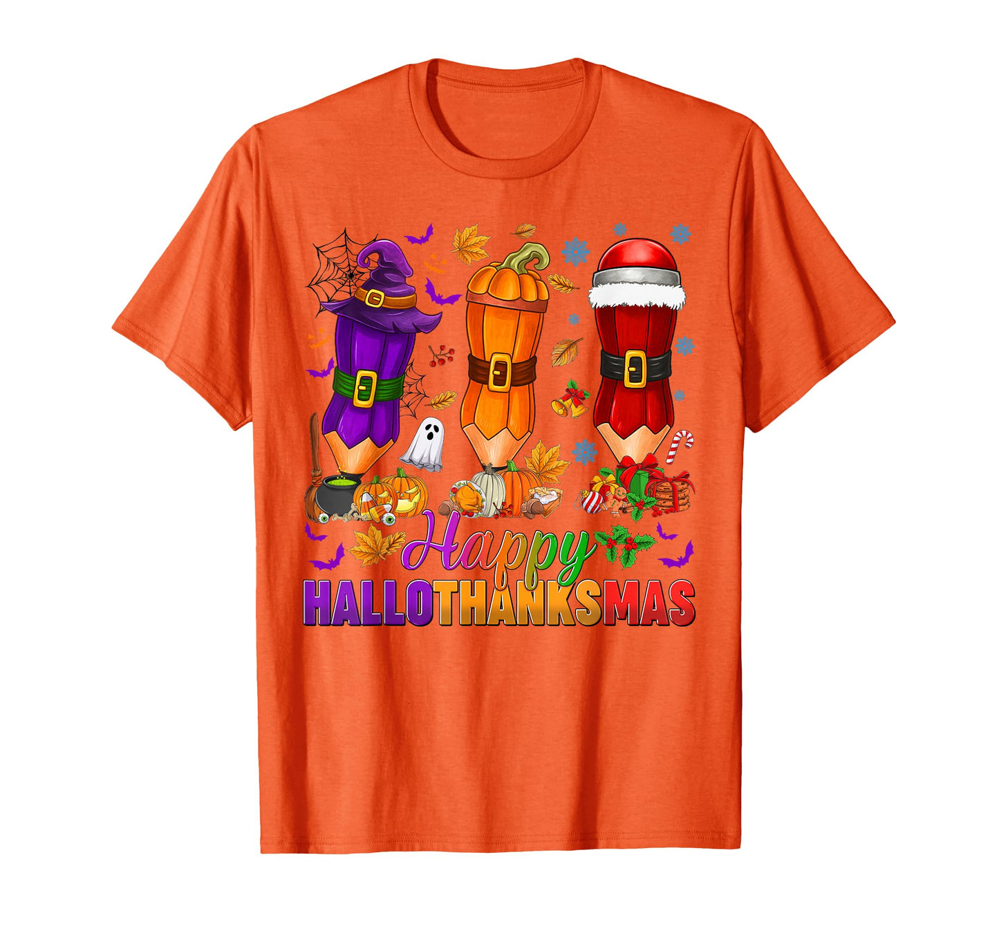 Happy Hallothanksmas Halloween Thanksgiving Pencils Teachers T-Shirt