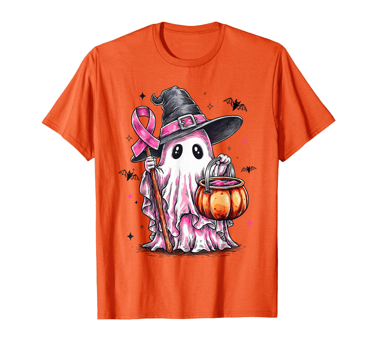 Retro Pink Ghost Witch Halloween Breast Cancer Awareness T-Shirt