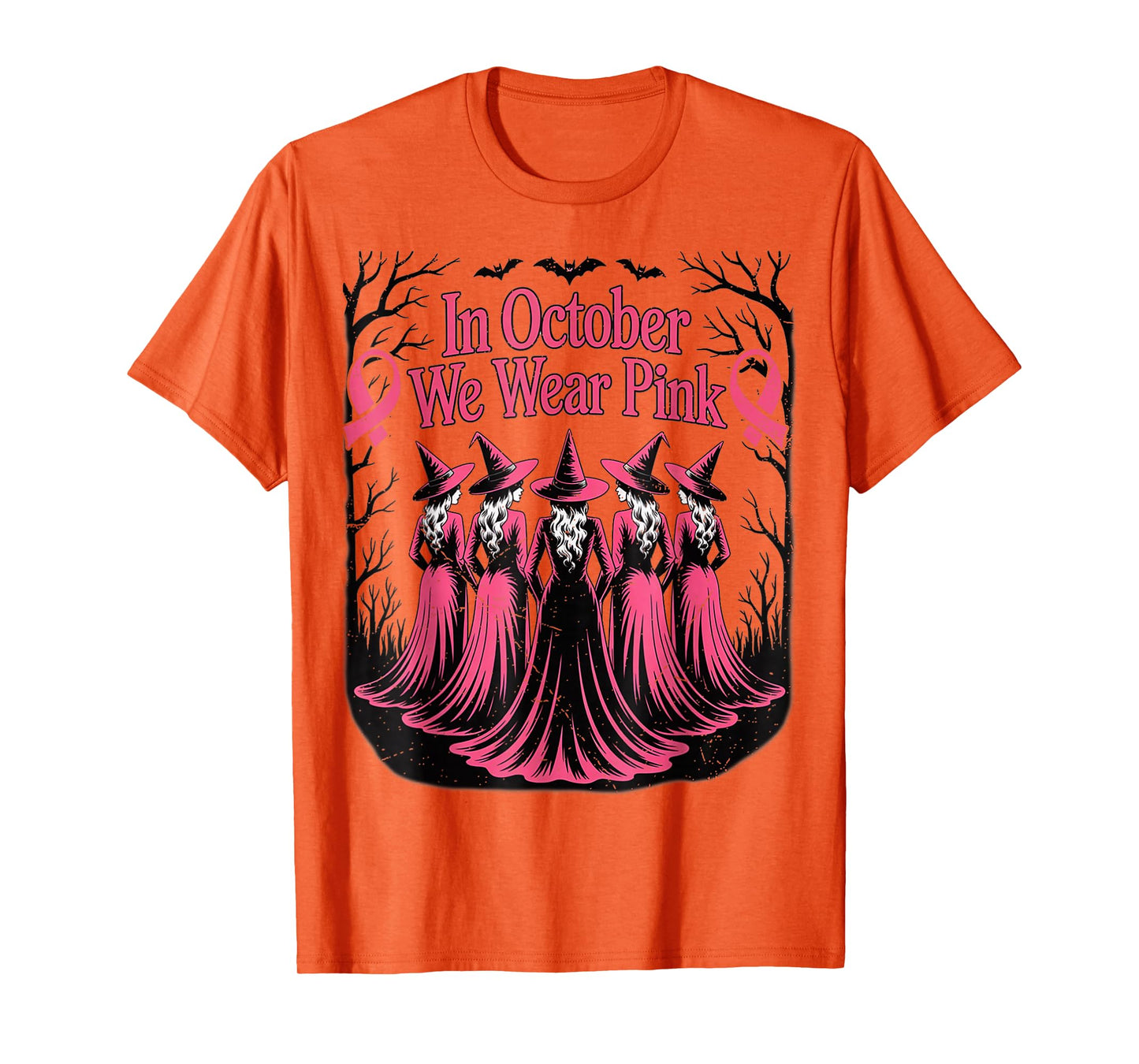 in October We Wear Pink Ghost Witch Breast Cancer Awareness T-Shirt