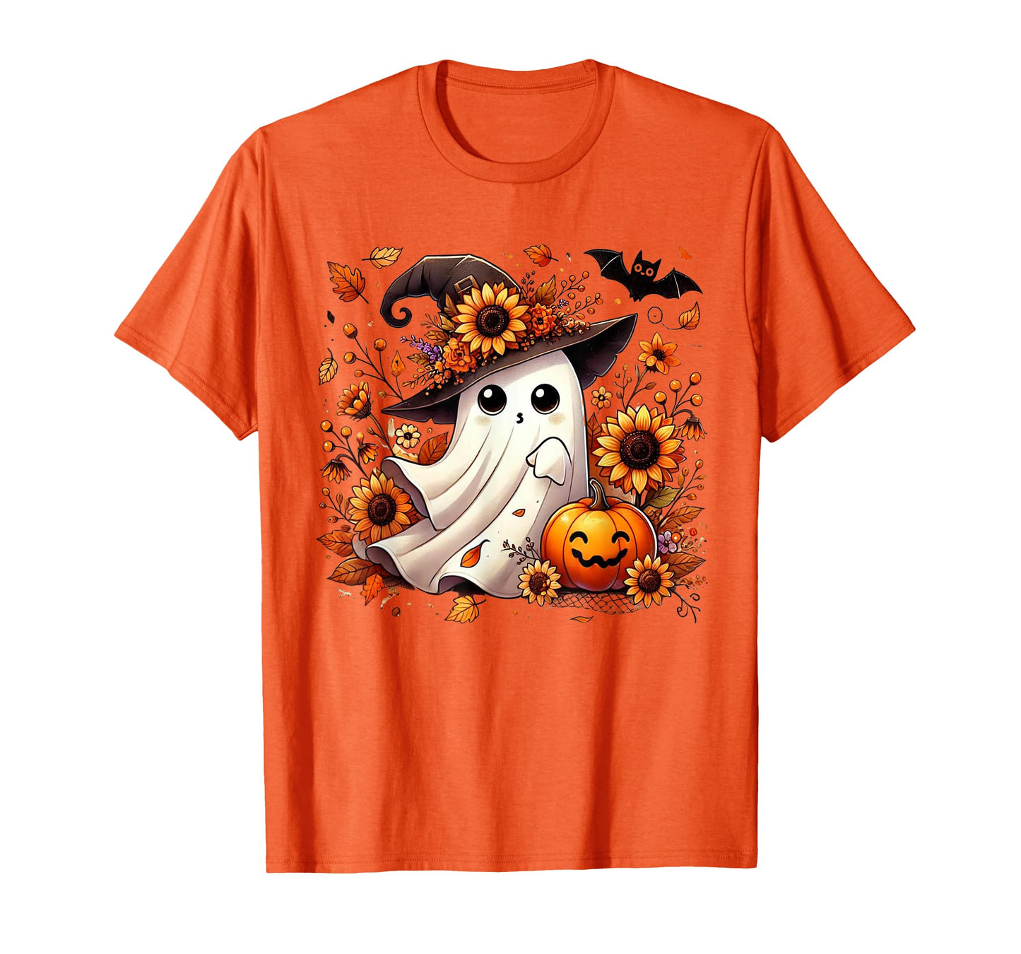 Cute Ghost with Sunflowers and Pumpkin Halloween T-Shirt