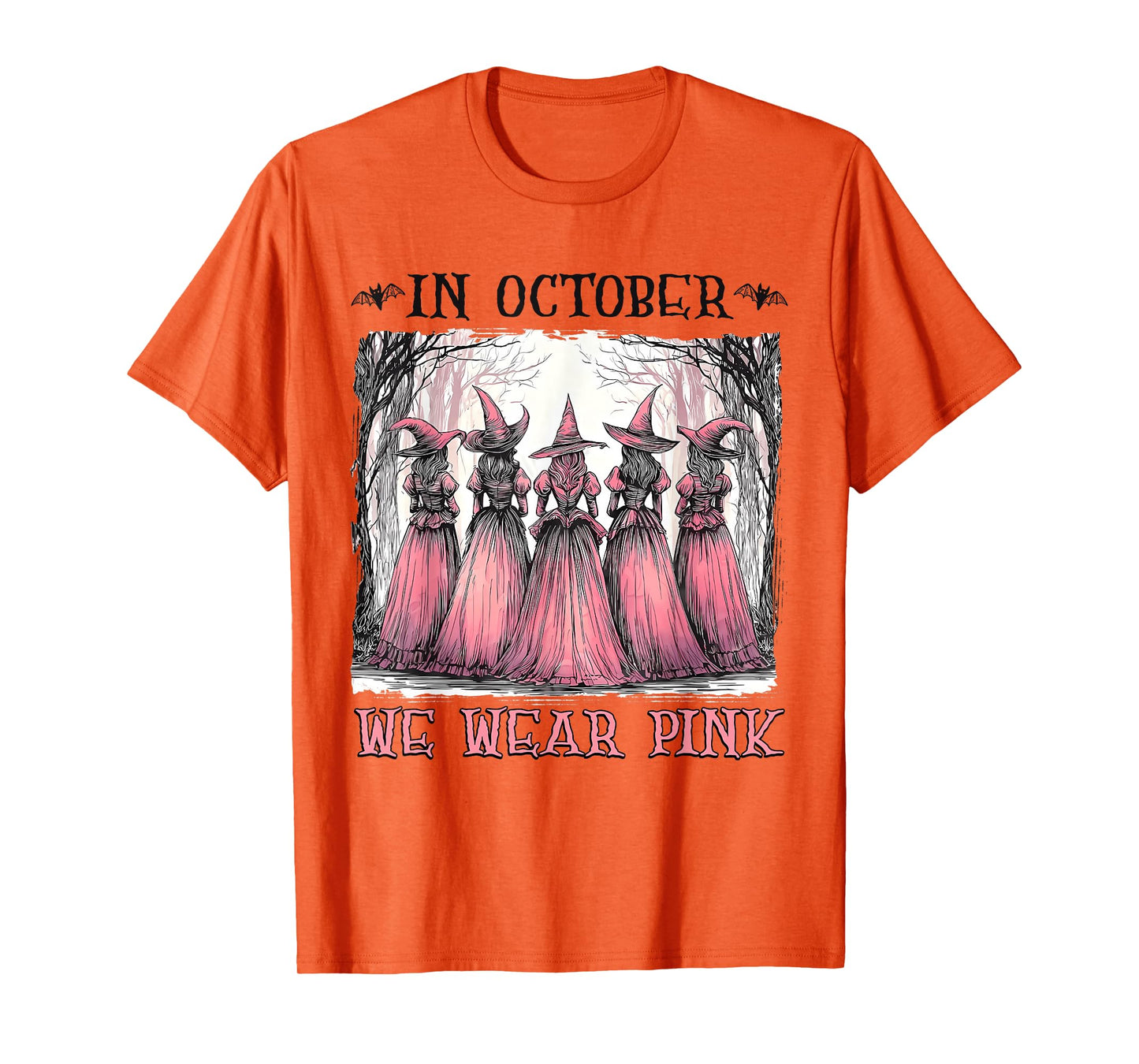 in October We Wear Pink Witch Halloween Breast Cancer T-Shirt