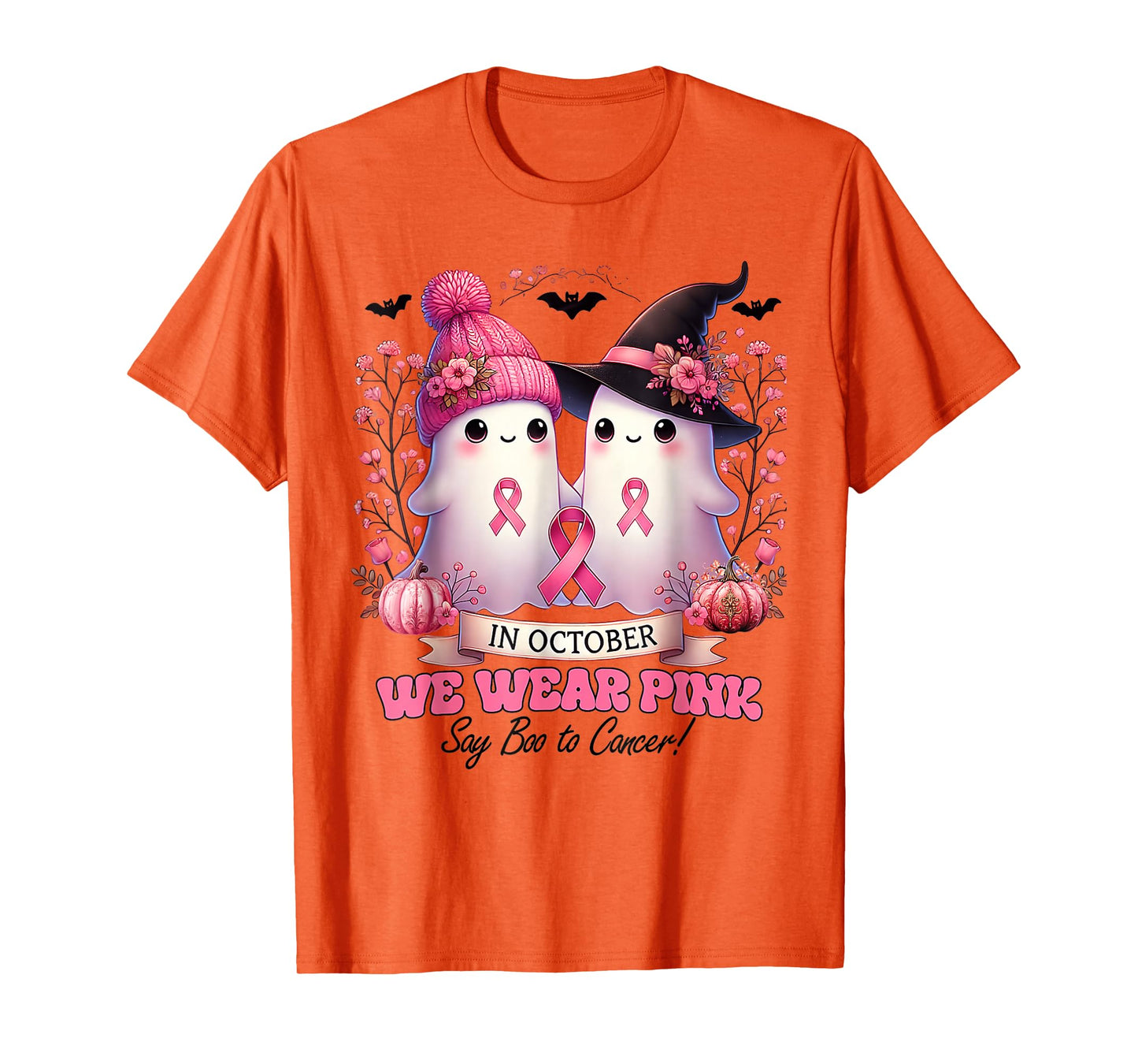 in October We Wear Pink Witch Ghost Pumpkin Breast Cancer T-Shirt