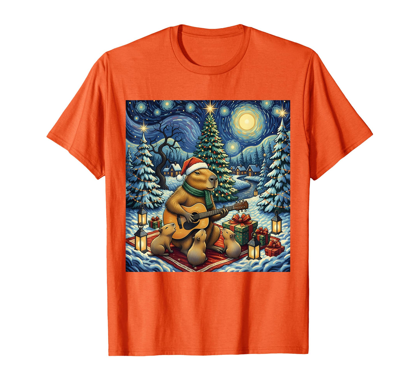 Capybara Playing The Guitar Van Gogh Style Christmas Themed T-Shirt