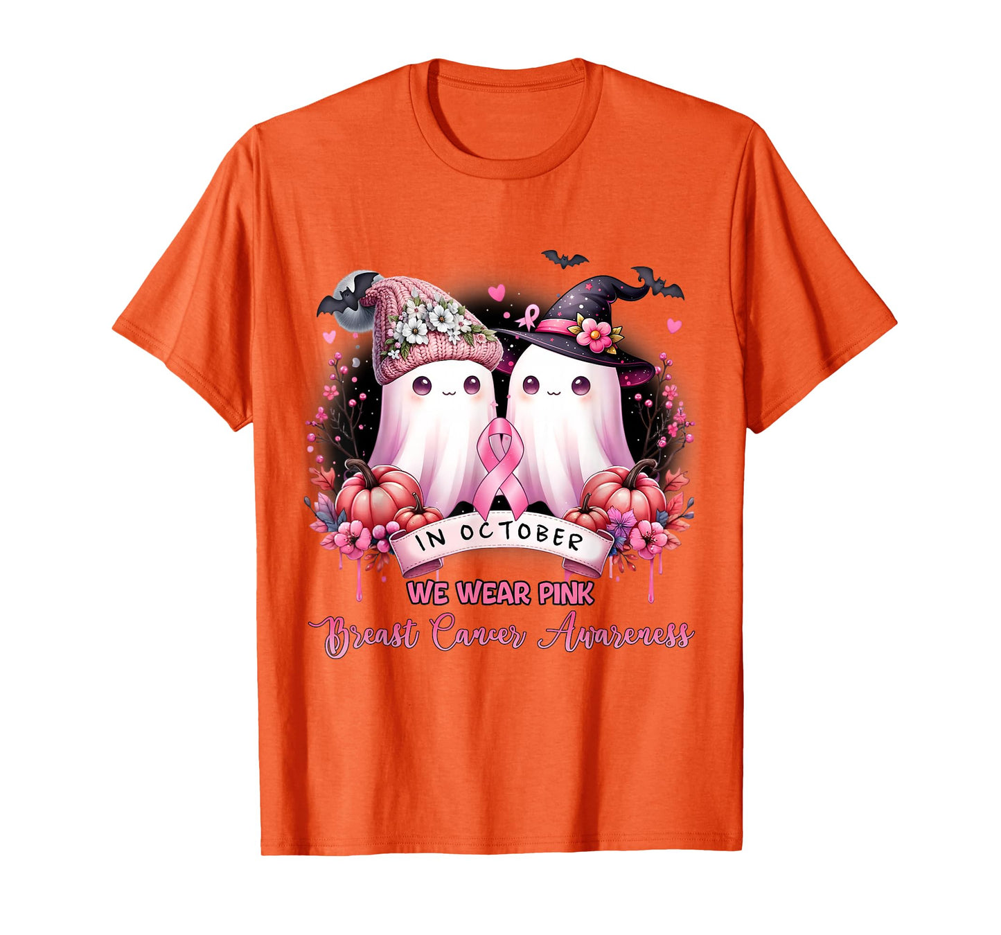 in October We Wear Pink Ghost Witch Halloween Breast Cancer T-Shirt