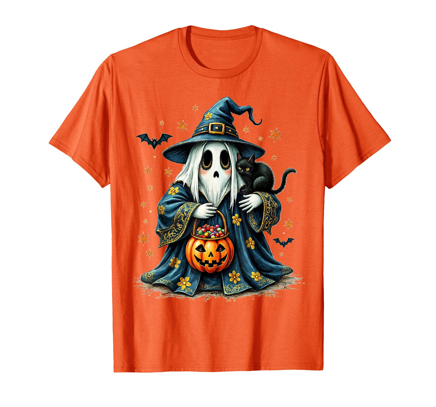 Ghost Holding Black Cat Lover Halloween 2025 Groovy Floral T-Shirt