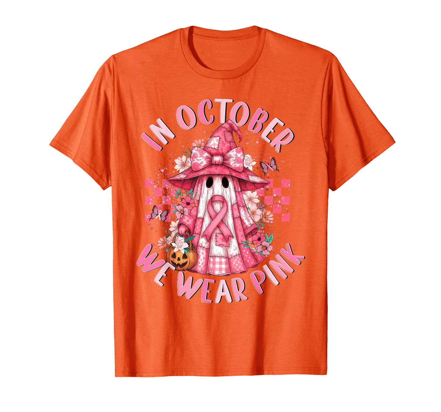 in October We Wear Pink Ghost Witch Breast Cancer Awareness T-Shirt
