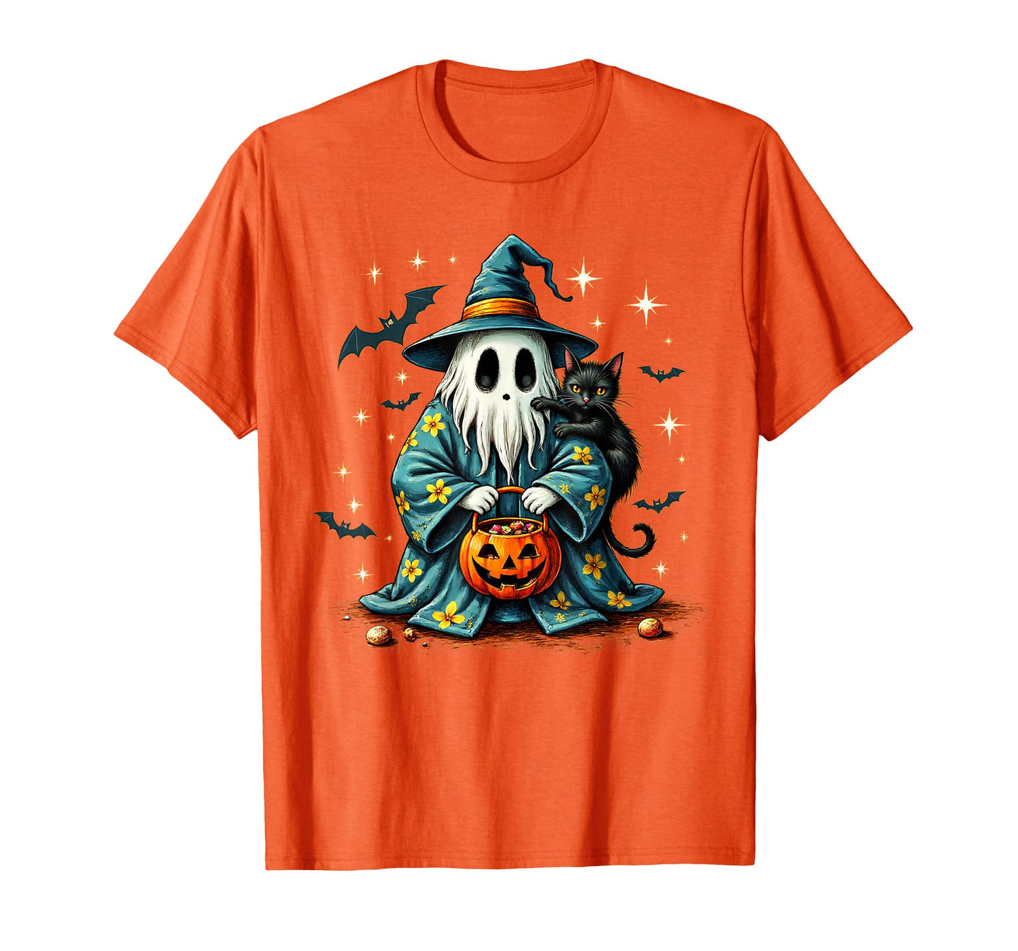 Halloween 2025 Ghost Holding Black Cat Groovy Floral Vintage T-Shirt