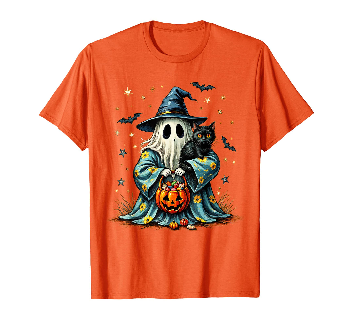 Halloween 2025 Ghost Holding Black Cat Groovy Floral Vintage T-Shirt