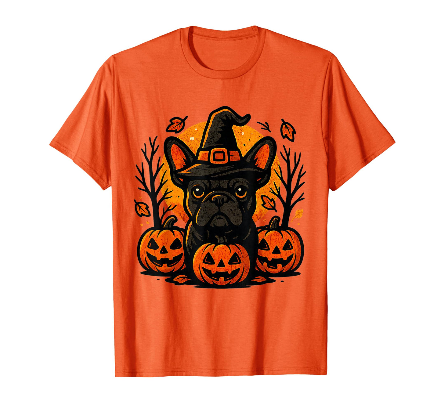 Halloween French Bulldog Witch Hat Pumpkins Autumn Leaves T-Shirt