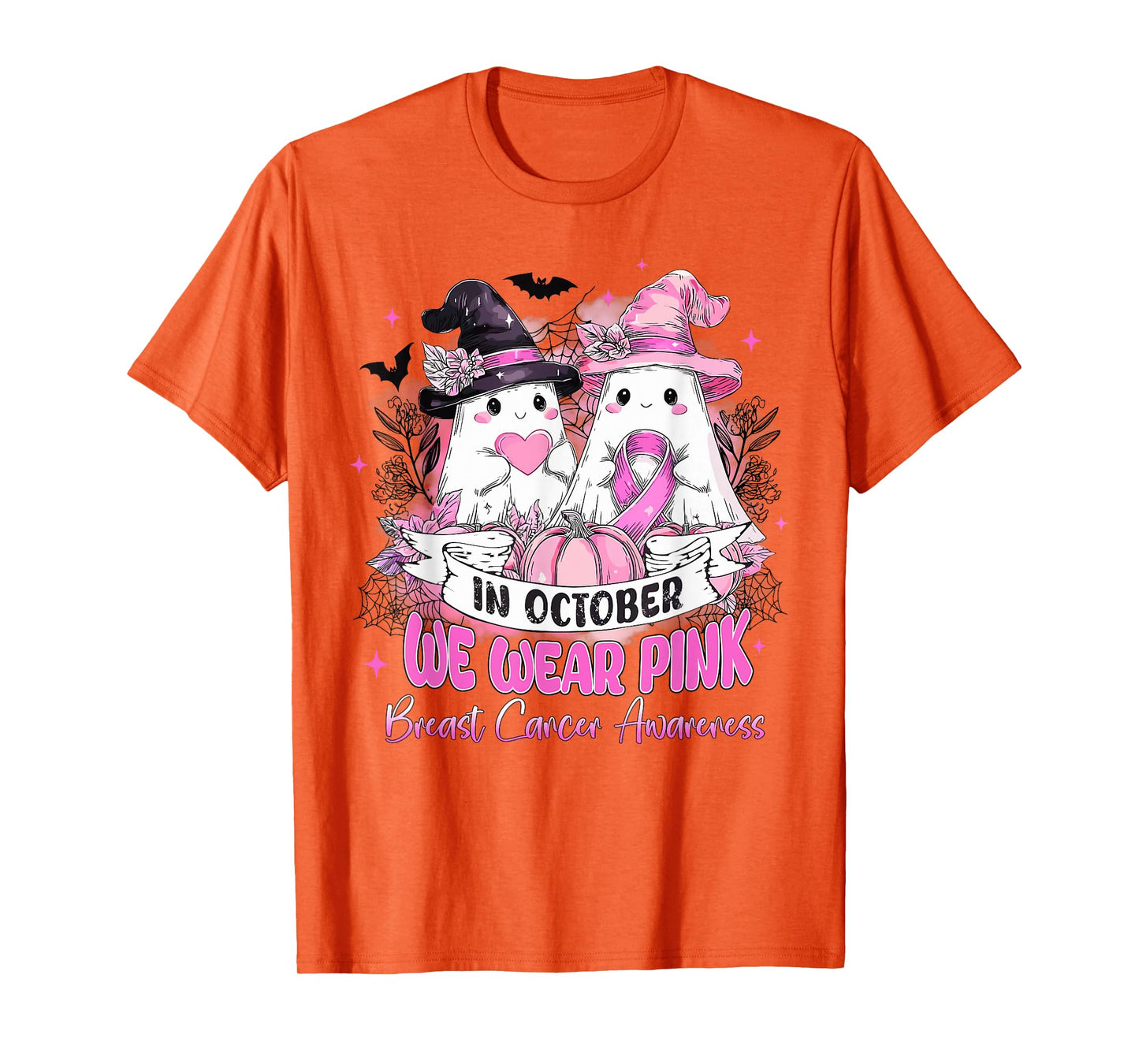 in October We Wear Pink Ghost Witch Breast Cancer Awareness T-Shirt